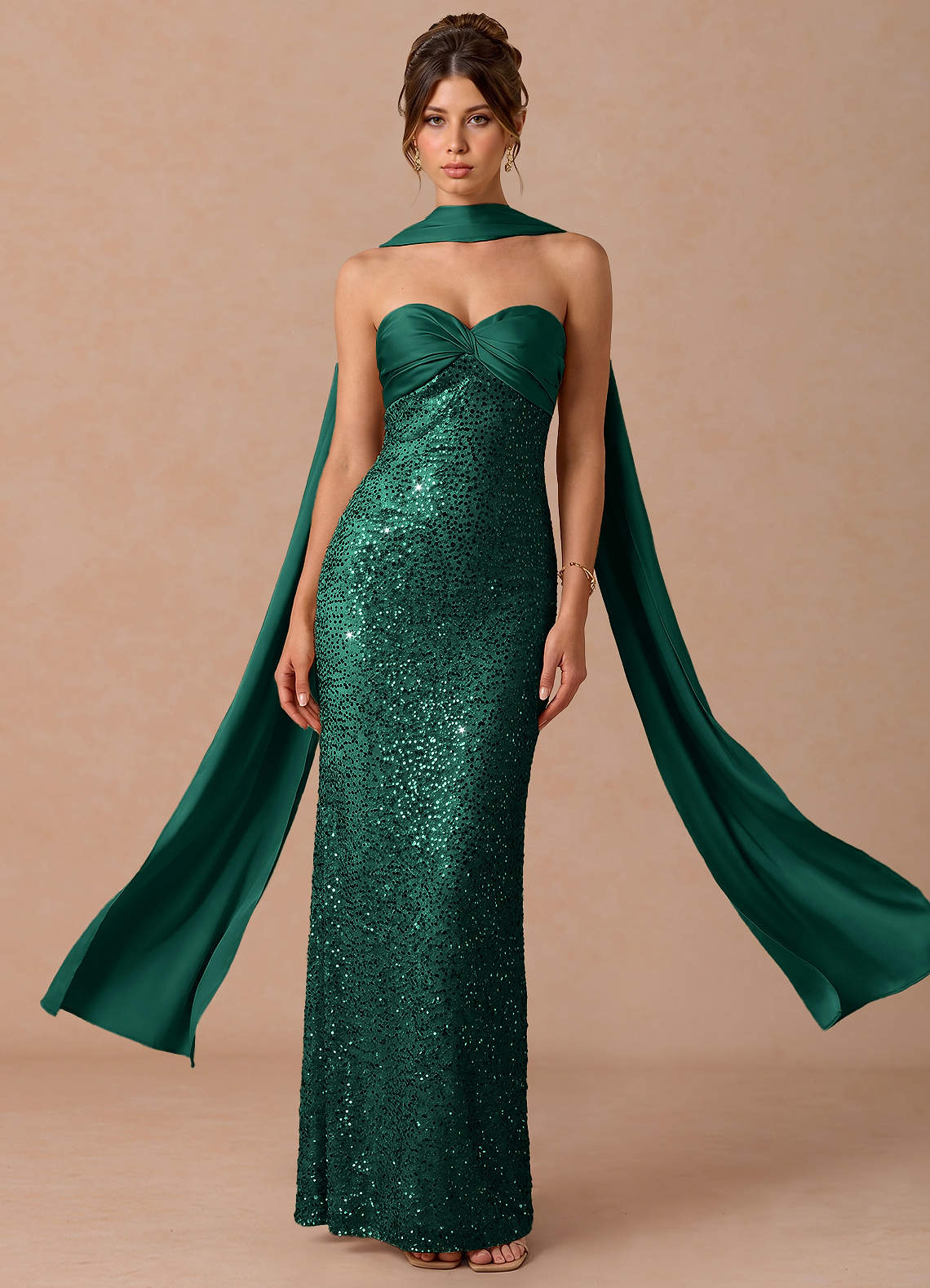 Serelle A-Line Sweetheart Sequin Satin Evening Dress in Gold Champagne
