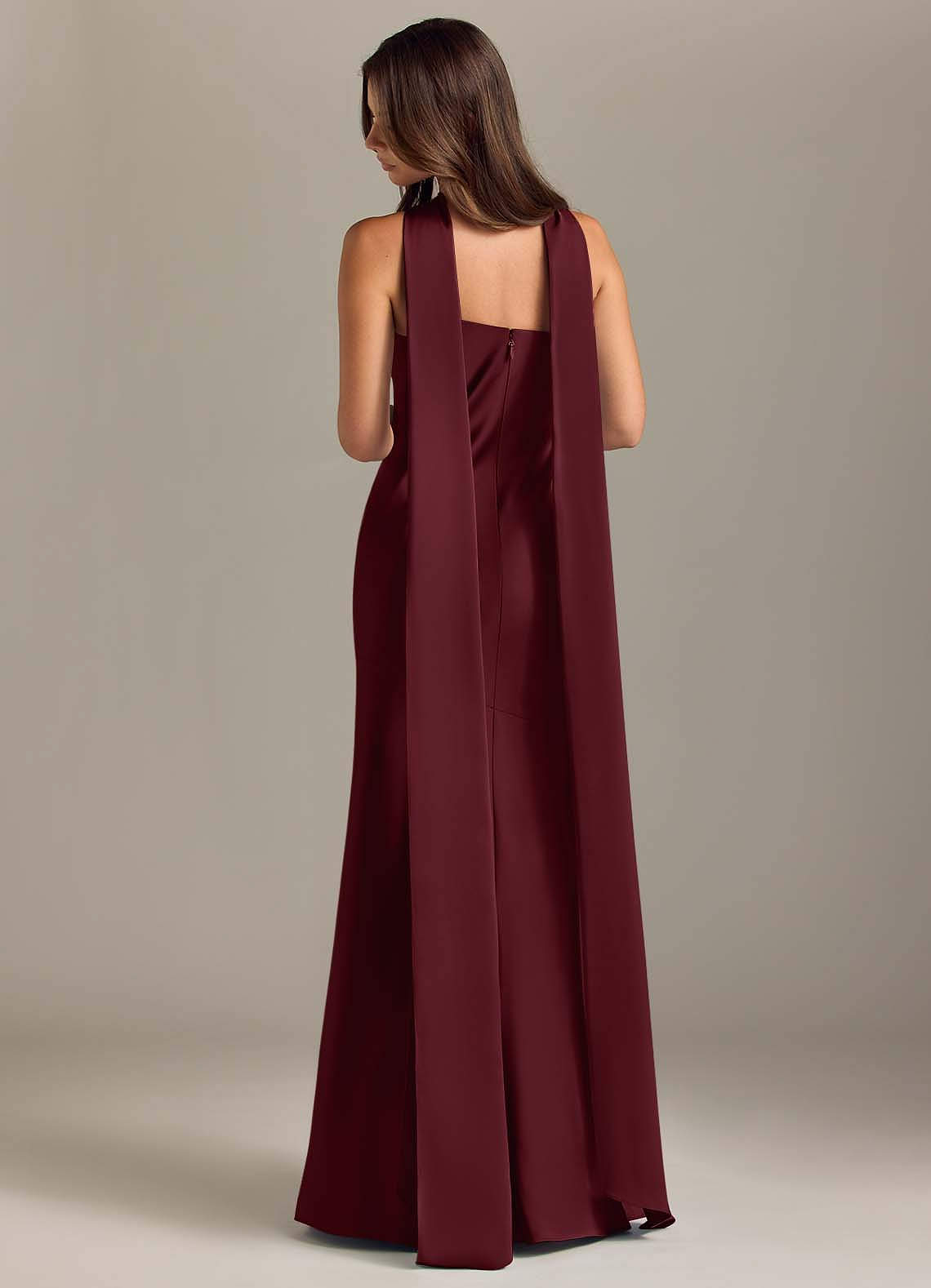 Kinsley Mermaid Halter Stretch Satin Bridesmaid Dress in Cabernet