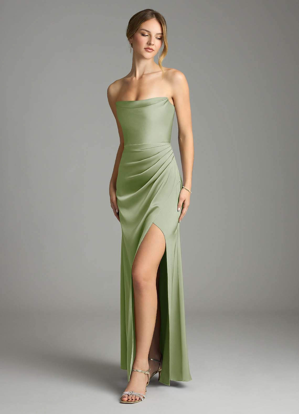Leonis Mermaid Cowl-Neck Stretch Satin Bridesmaid Dress in Dusty Sage