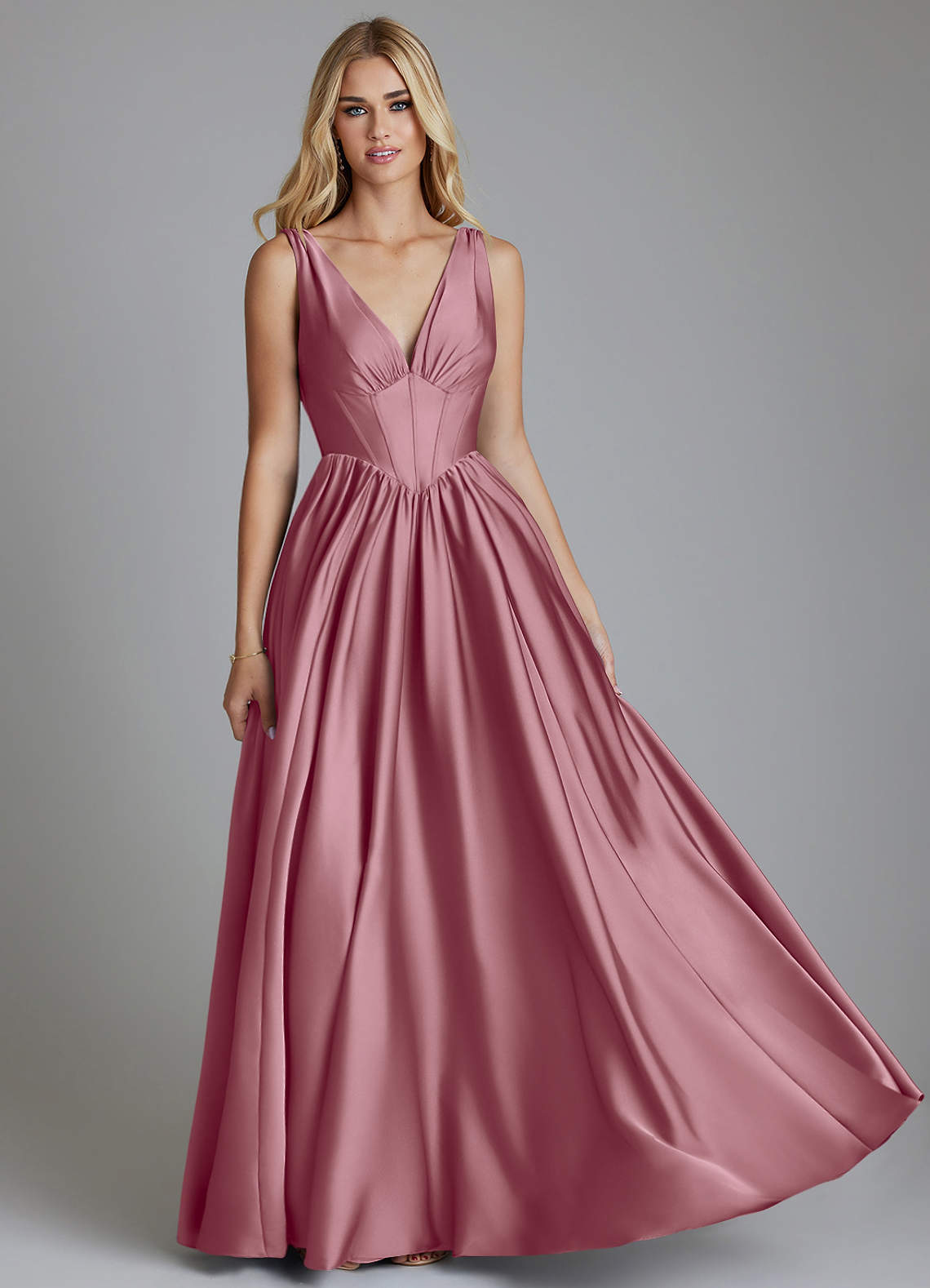 Delmie A-Line V-Neck Stretch Satin Bridesmaid Dress in Vintage Mauve