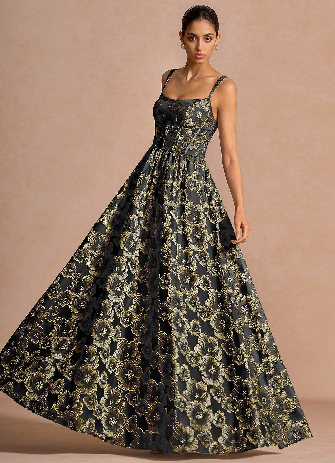 Julietteh A-Line Strappy Jacquard Taffeta Evening Dress in Black