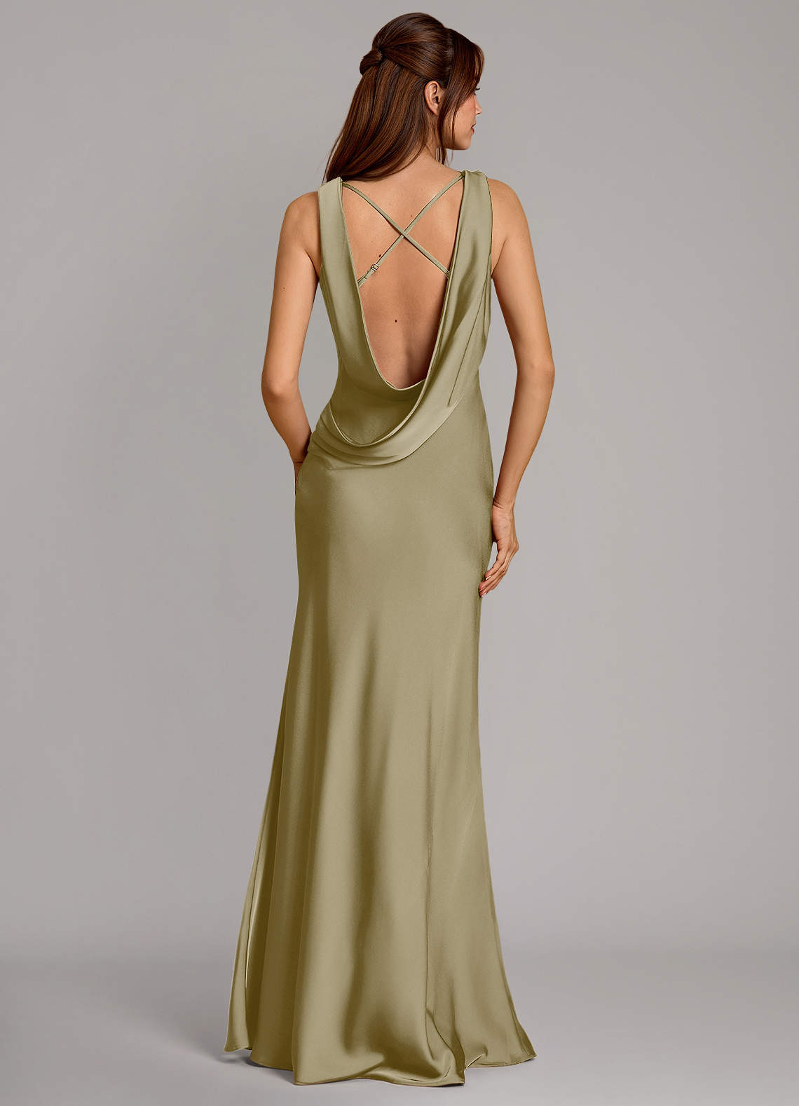 Cheryl Mermaid Cowl-Neck Stretch Satin Bridesmaid Dress in Moss Green