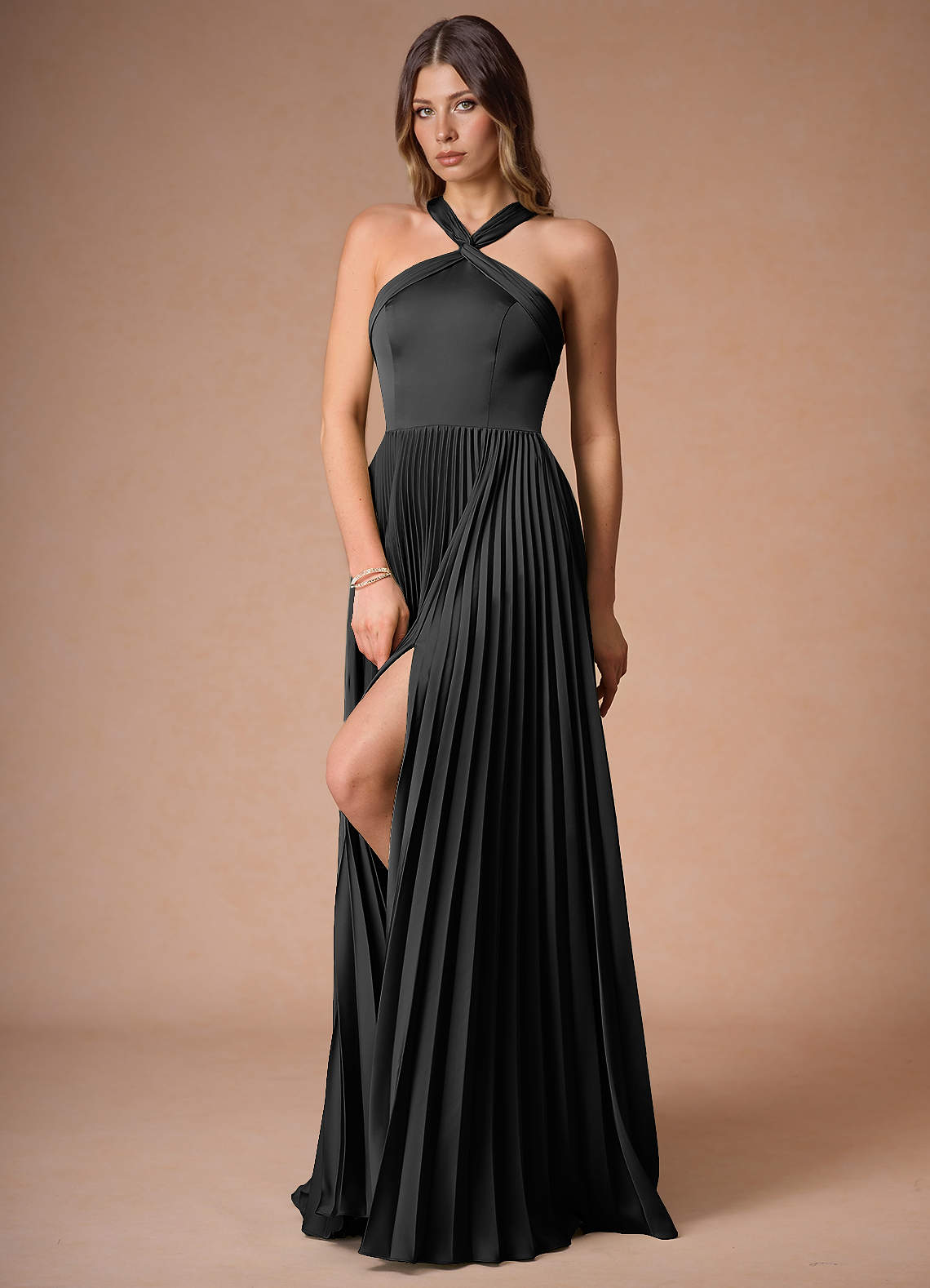 Afra A-Line Pleated Stretch Satin Wedding Guest Dress in black