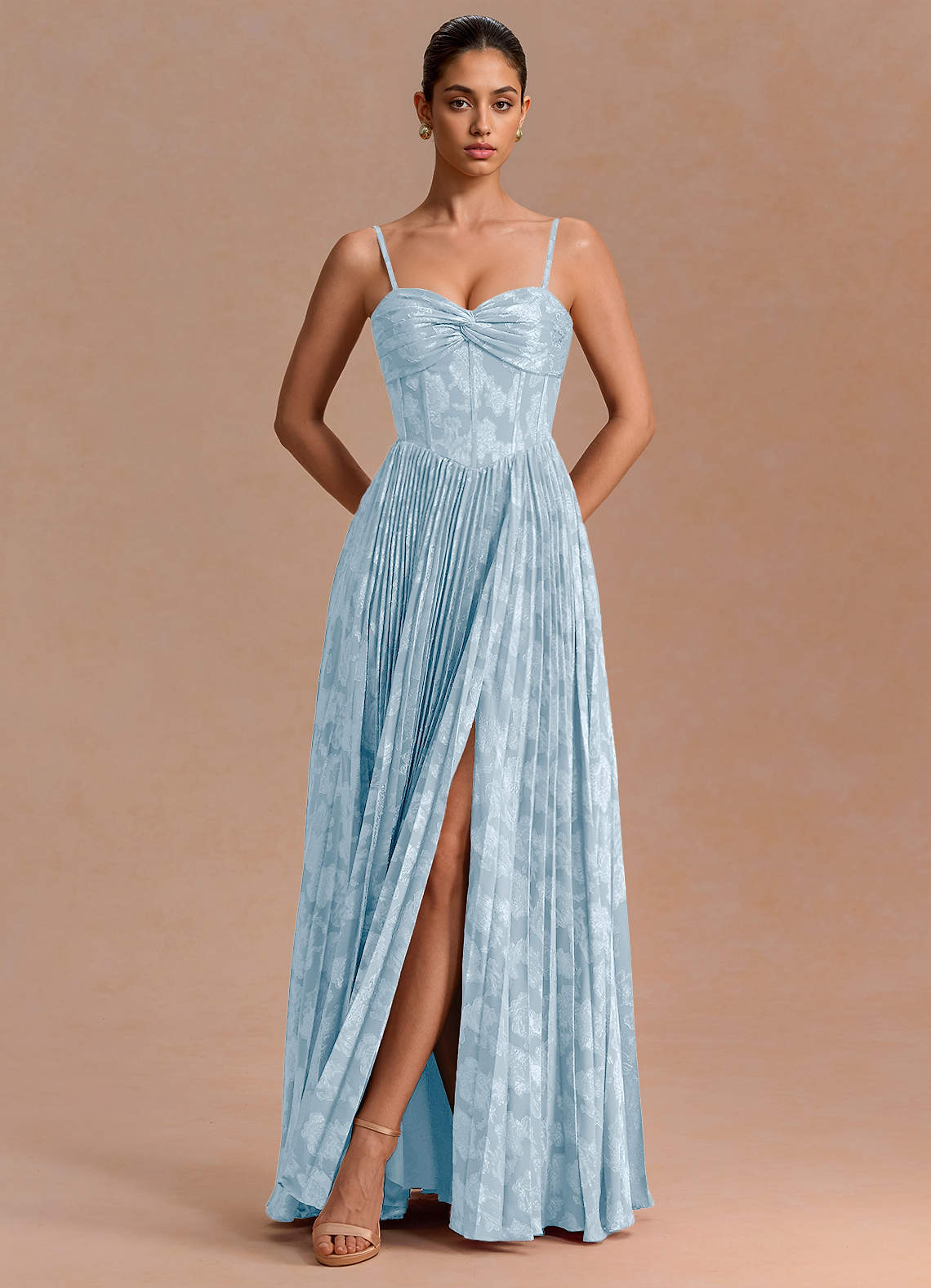 Delfina A-Line Twisted-Bust Fil Coupé Evening Dress in Powder Blue