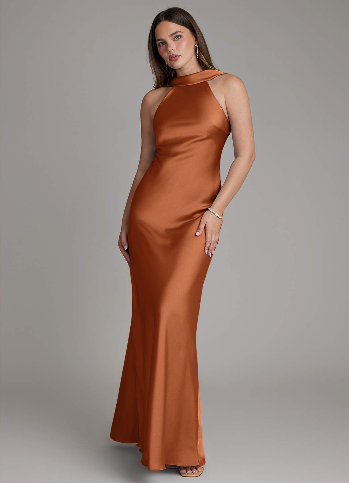 Dimitra Sheath Halter Stretch Satin Bridesmaid Dress in Copper