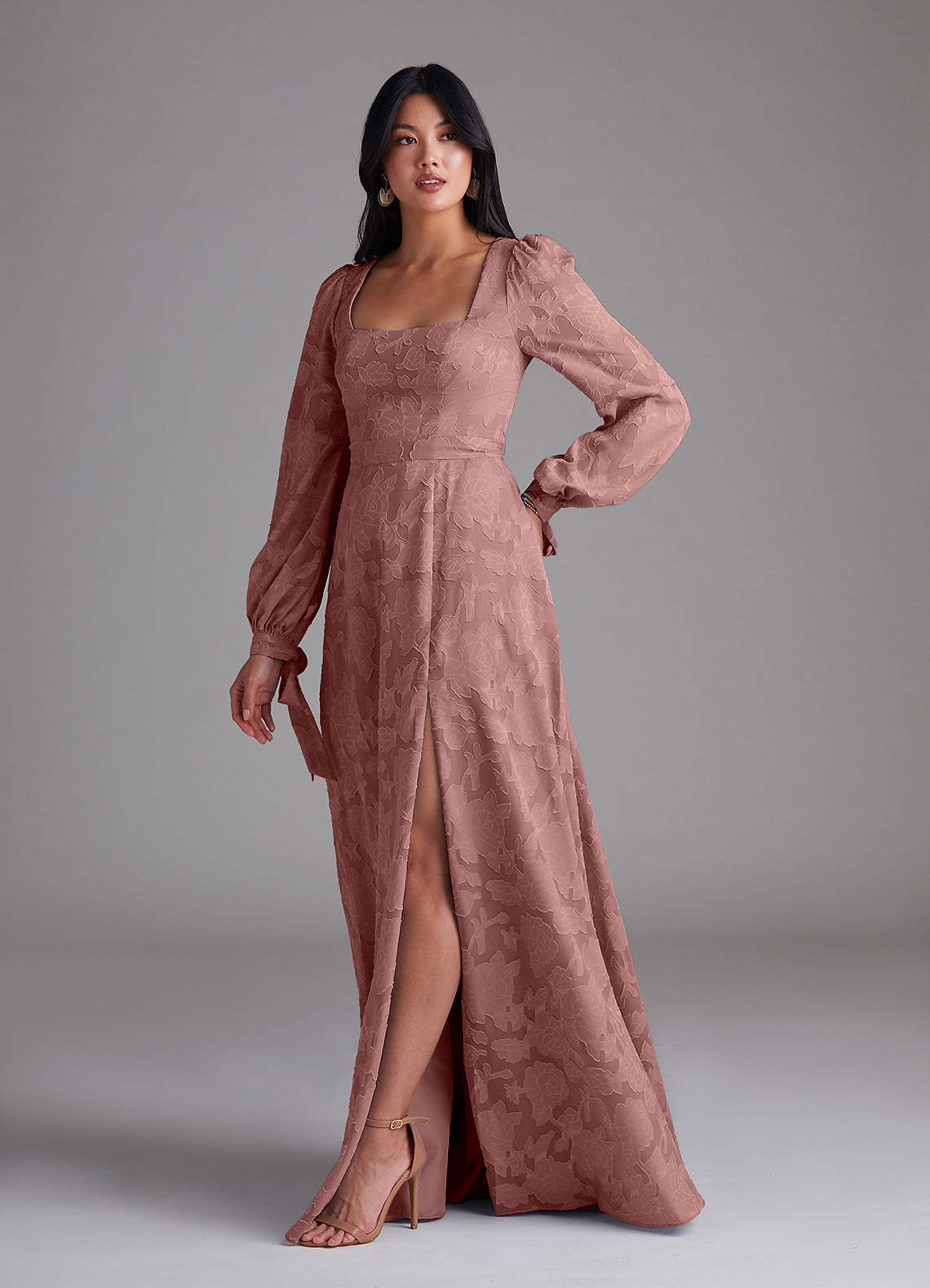 Leonia A-Line Square-Neck Stretch Satin Bridesmaid Dress in dusty rose