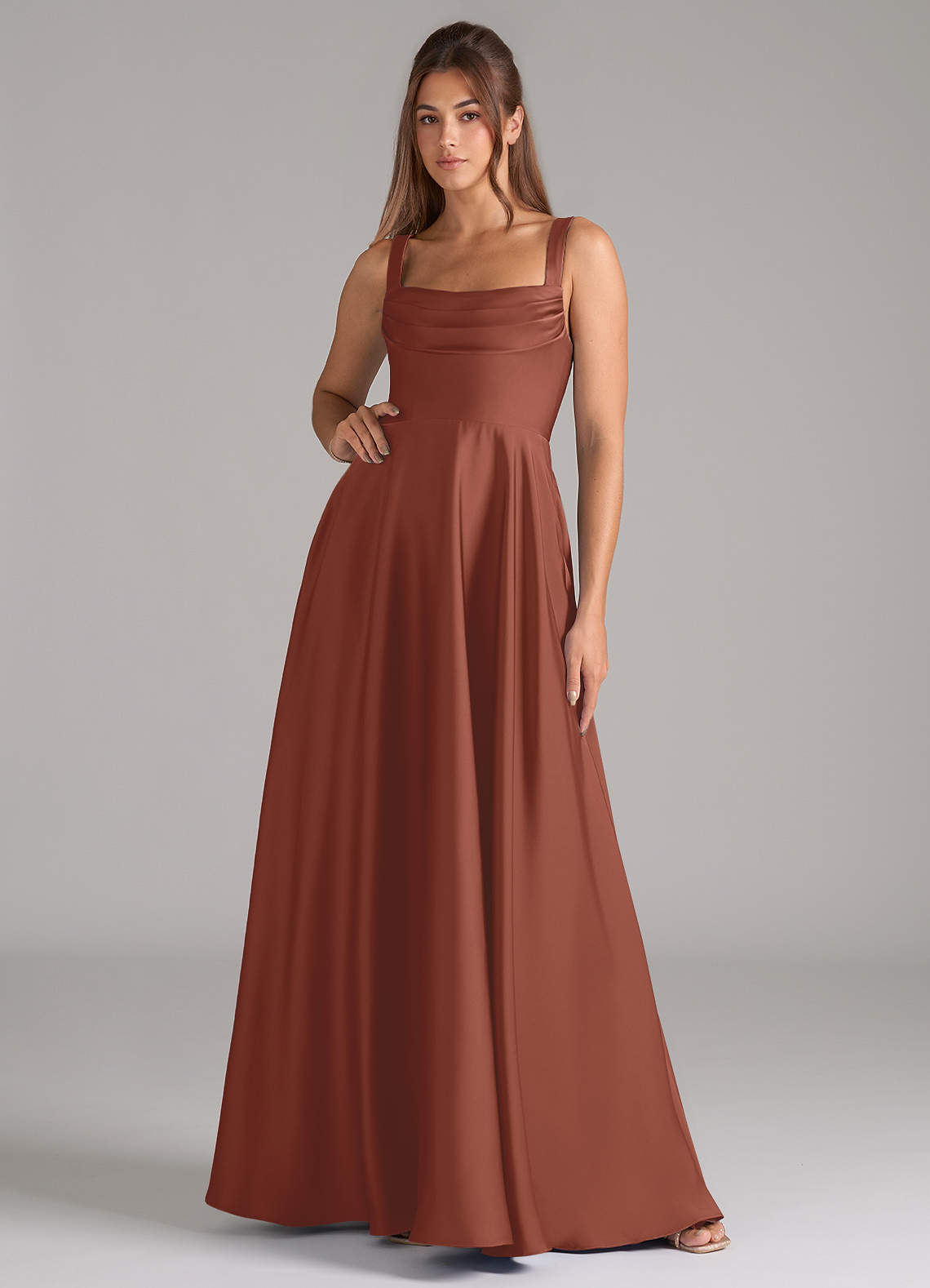 Shaude A-Line Square-Neck Stretch Satin Bridesmaid Dress in Auburn