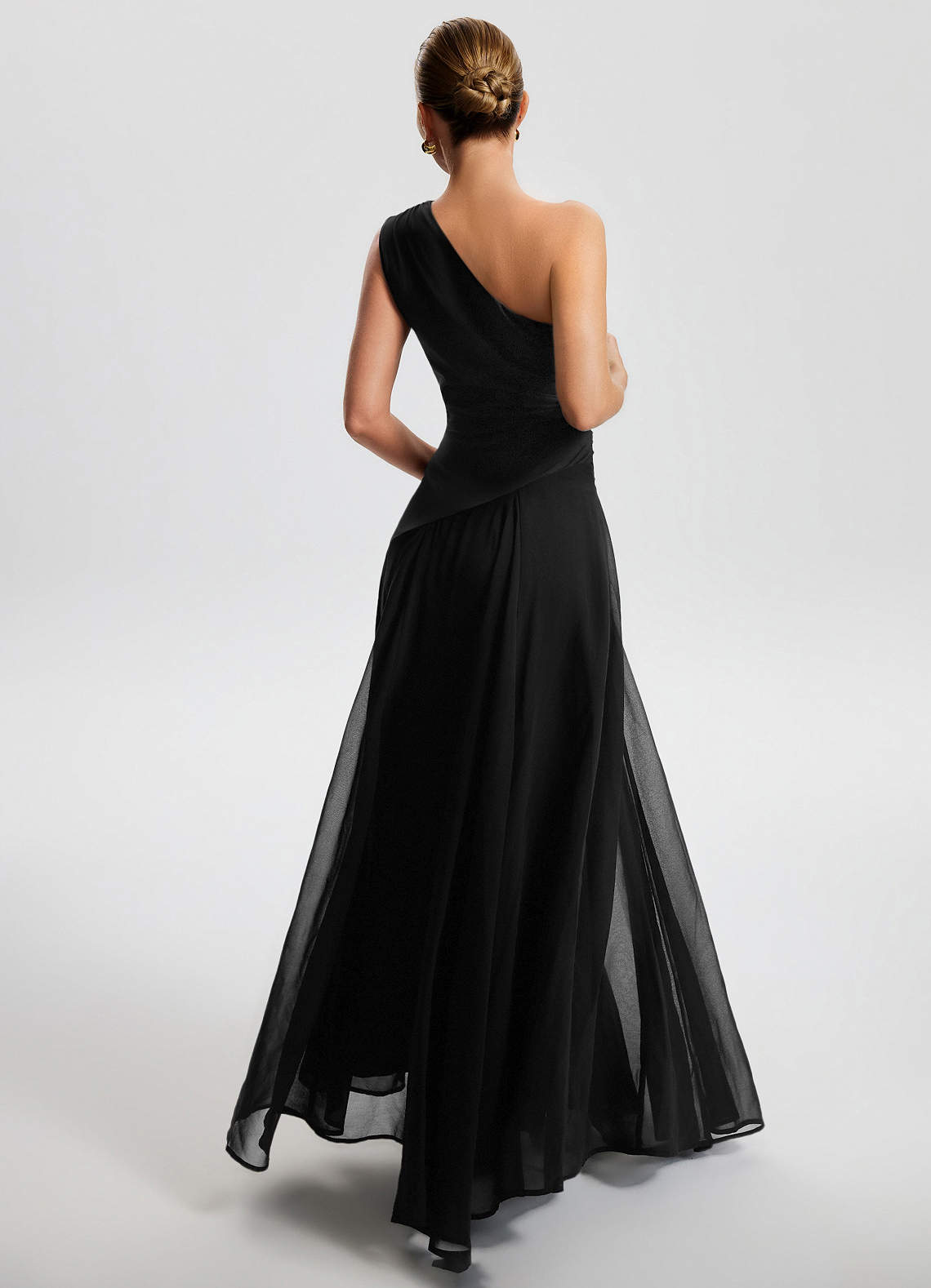 Sylvaine A-Line One-Shoulder Chiffon Wedding Guest Dress in black