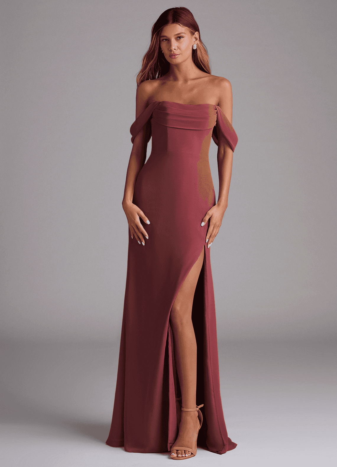 Saige A-Line Off-the-Shoulder Chiffon Bridesmaid Dress in Merlot