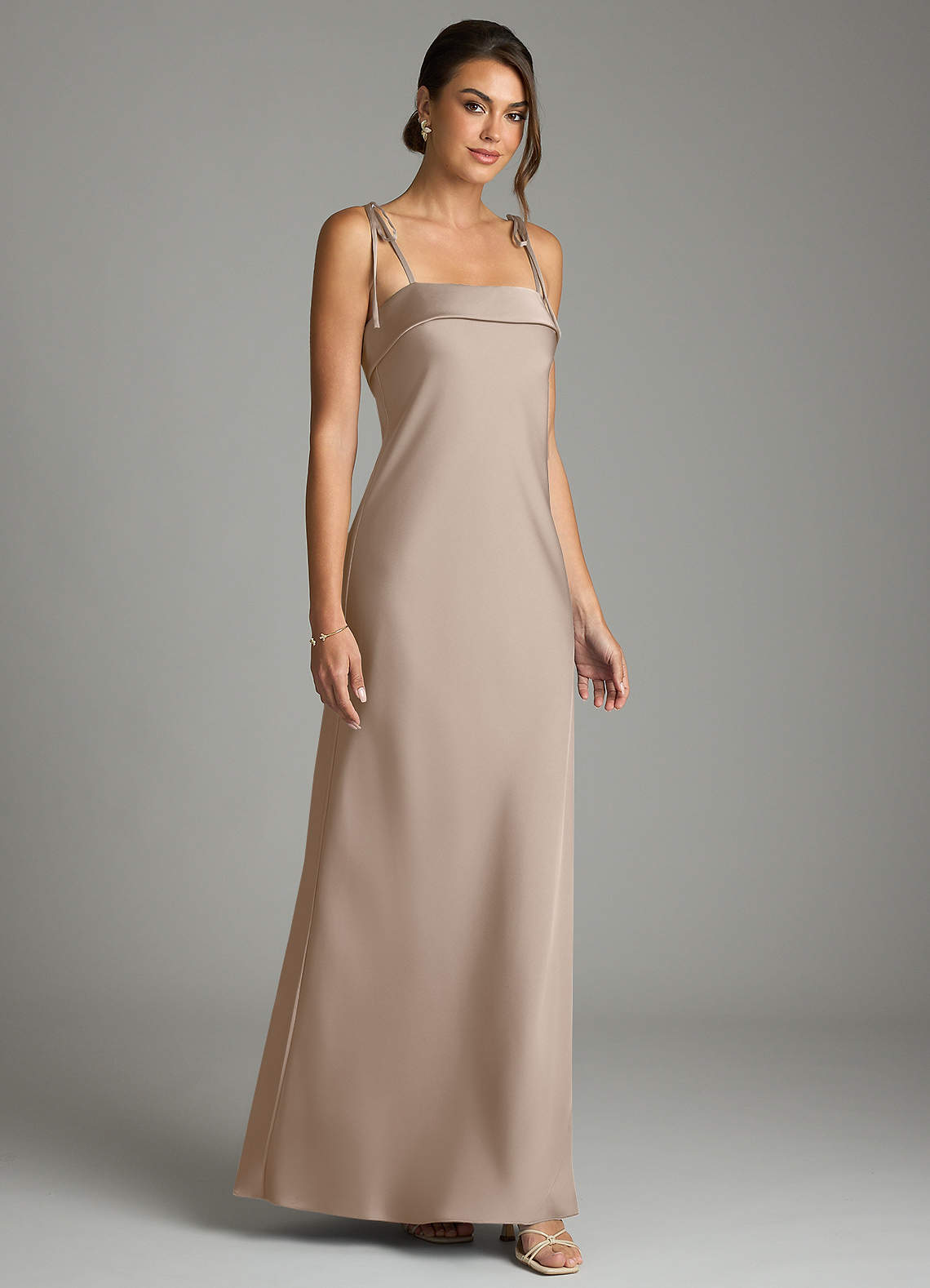 Ellia Sheath Straight-Neck Stretch Satin Bridesmaid Dress in Taupe