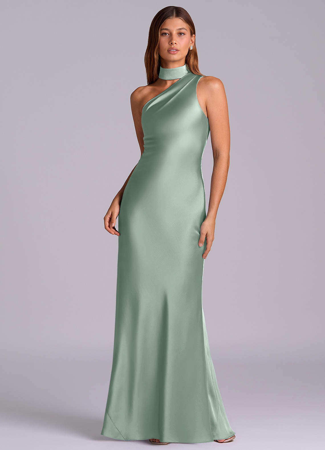 Seona Mermaid One-Shoulder Stretch Satin and Tulle Bridesmaid Dress in Agave