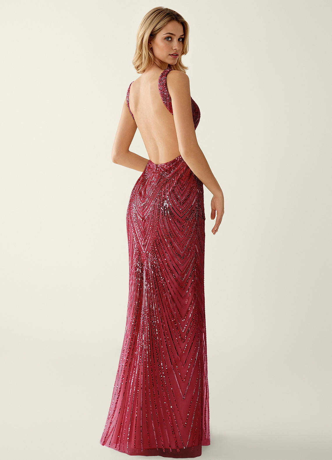 Hazelen Plunging V-Neck Chevron Sequin Tulle Evening Dress in Solid Burgundy