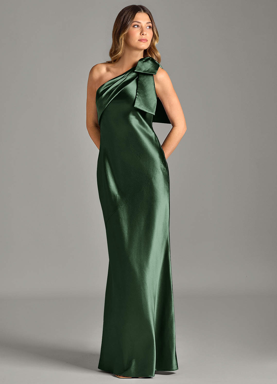 Yuanna Mermaid One-Shoulder Metallic Satin Bridesmaid Dress in Eucalyptus