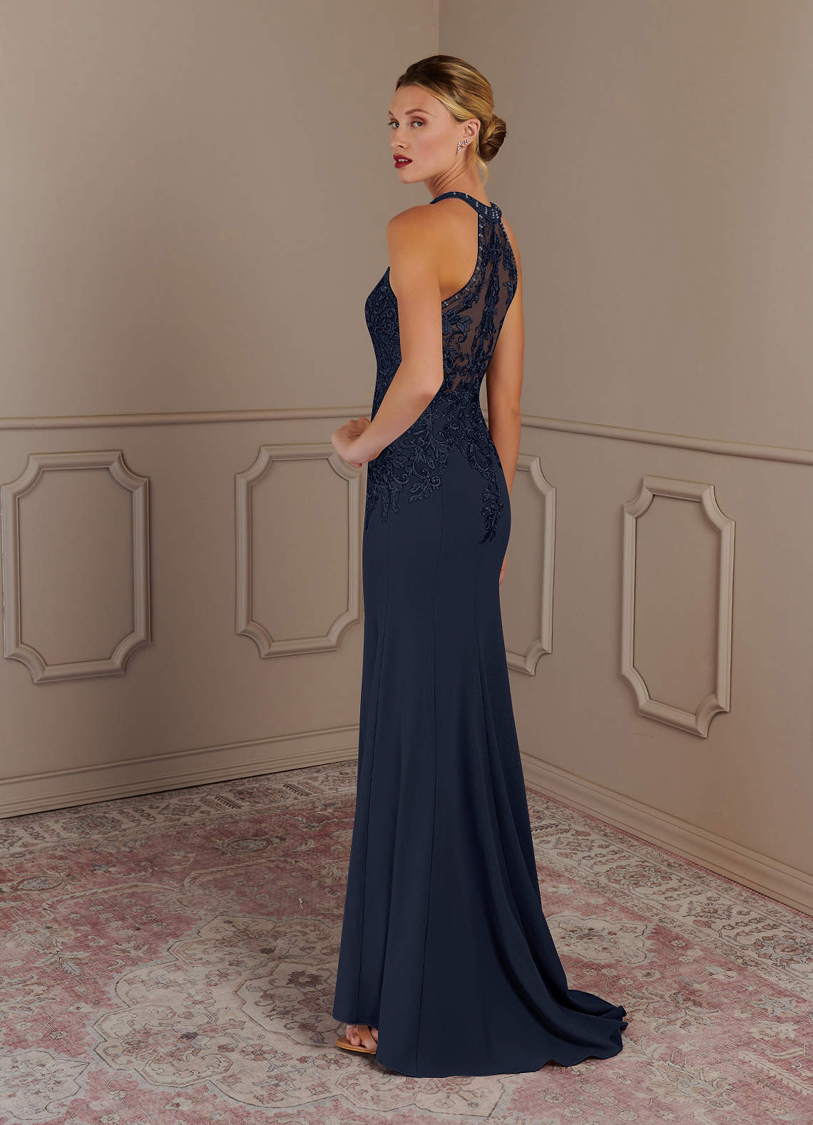 Tyra Mermaid Halter Tulle and Stretch Crepe Mother of the Bride Dress in Dark Navy