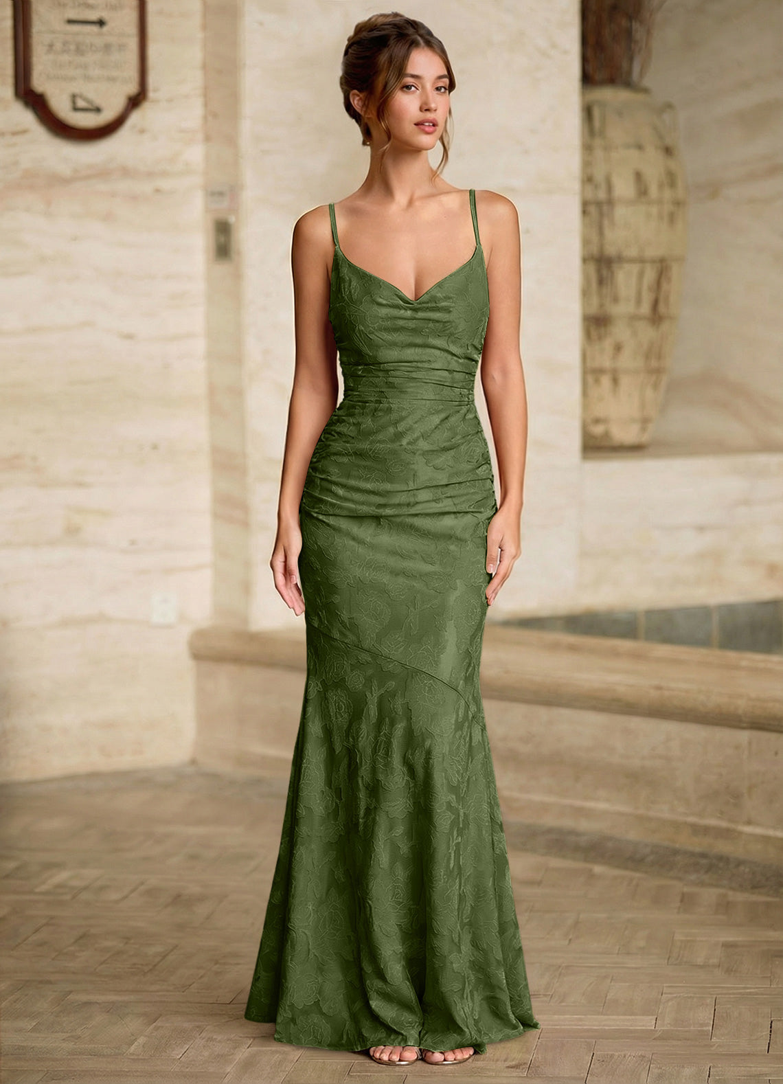 Leahenmo Mermaid Cowl-Neck Floral Burnout Prom Dress in Olive