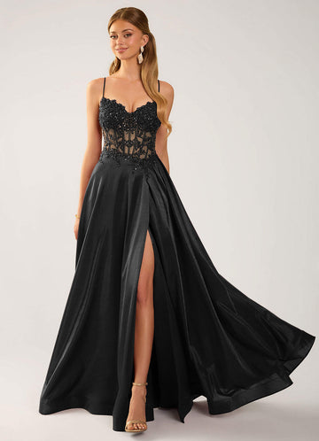 Isoldemark A-Line Sweetheart Satin Evening Dress in black