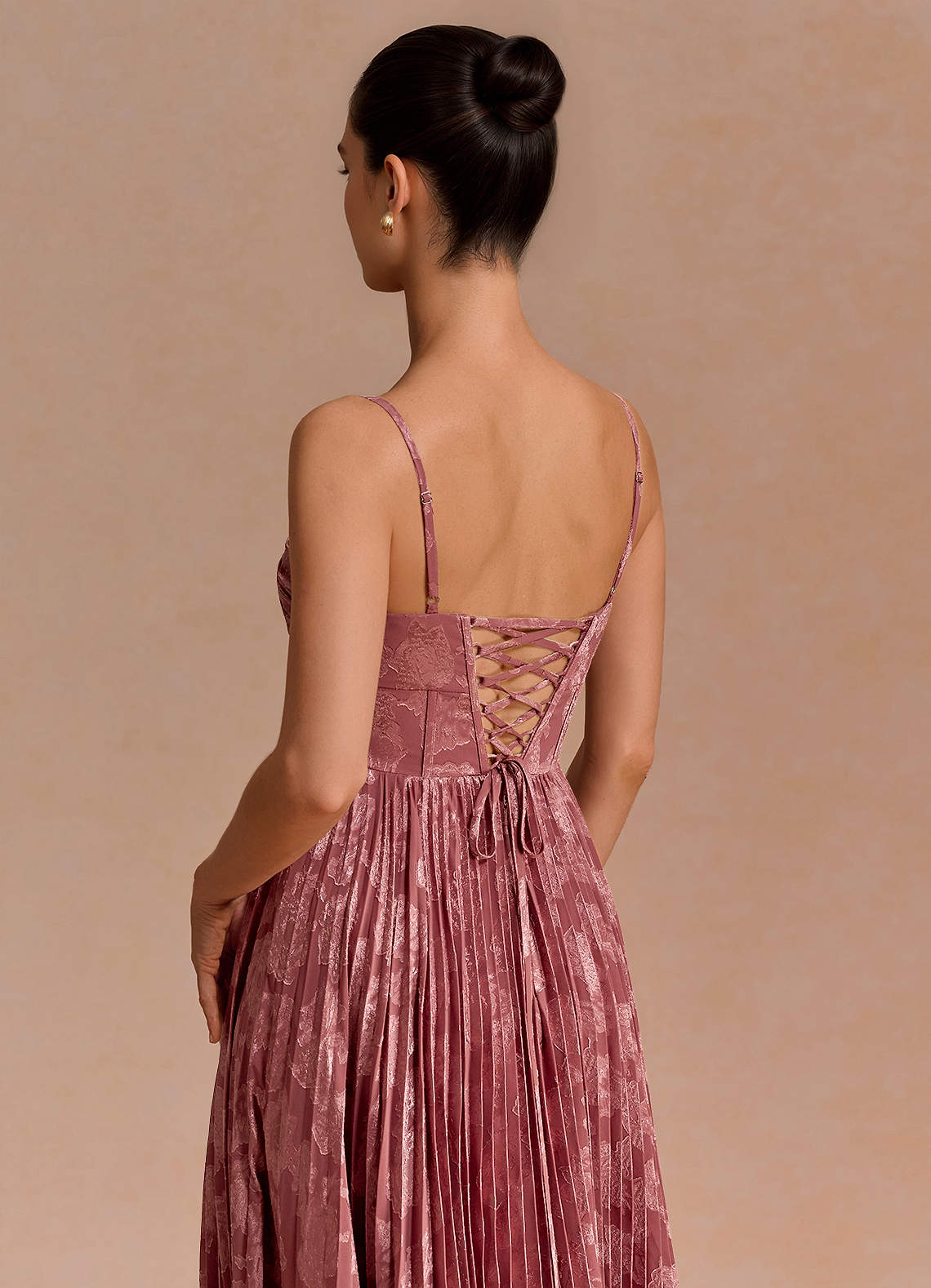 Delfina A-Line Twisted-Bust Fil Coupé Evening Dress in Vintage Rose