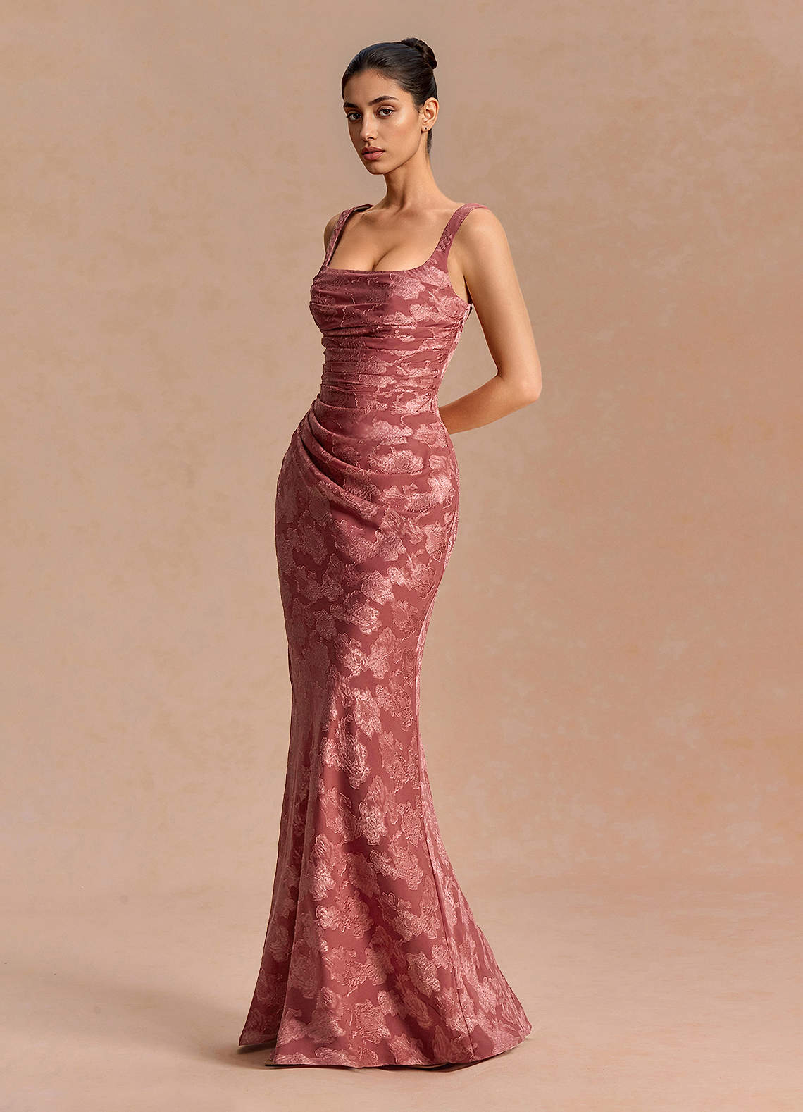 Agustina Square-Neck Pleated Fil Coupé Evening Dress in Vintage Rose