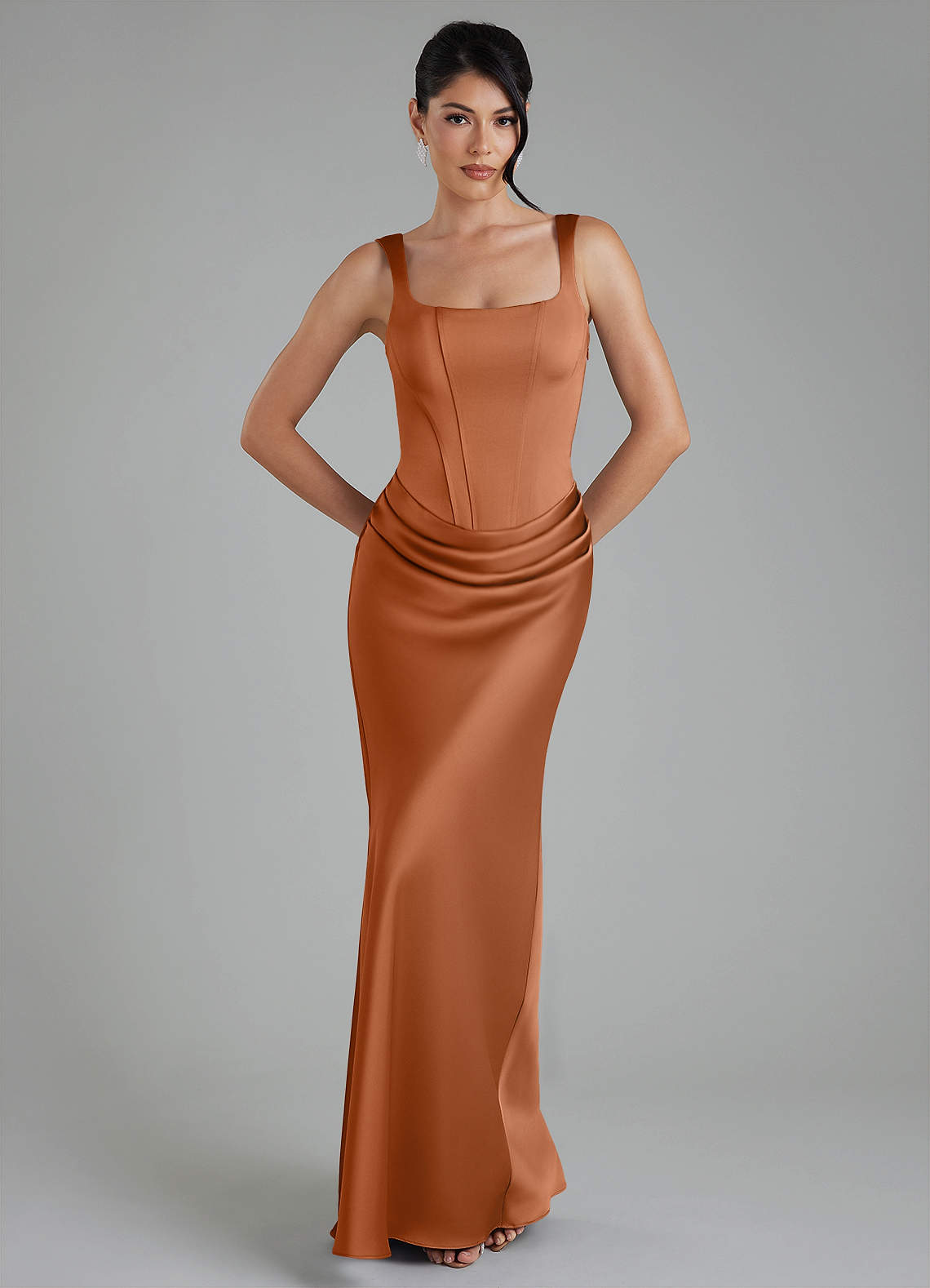 Etta Mermaid Square-Neck Stretch Satin Bridesmaid Dress in Copper