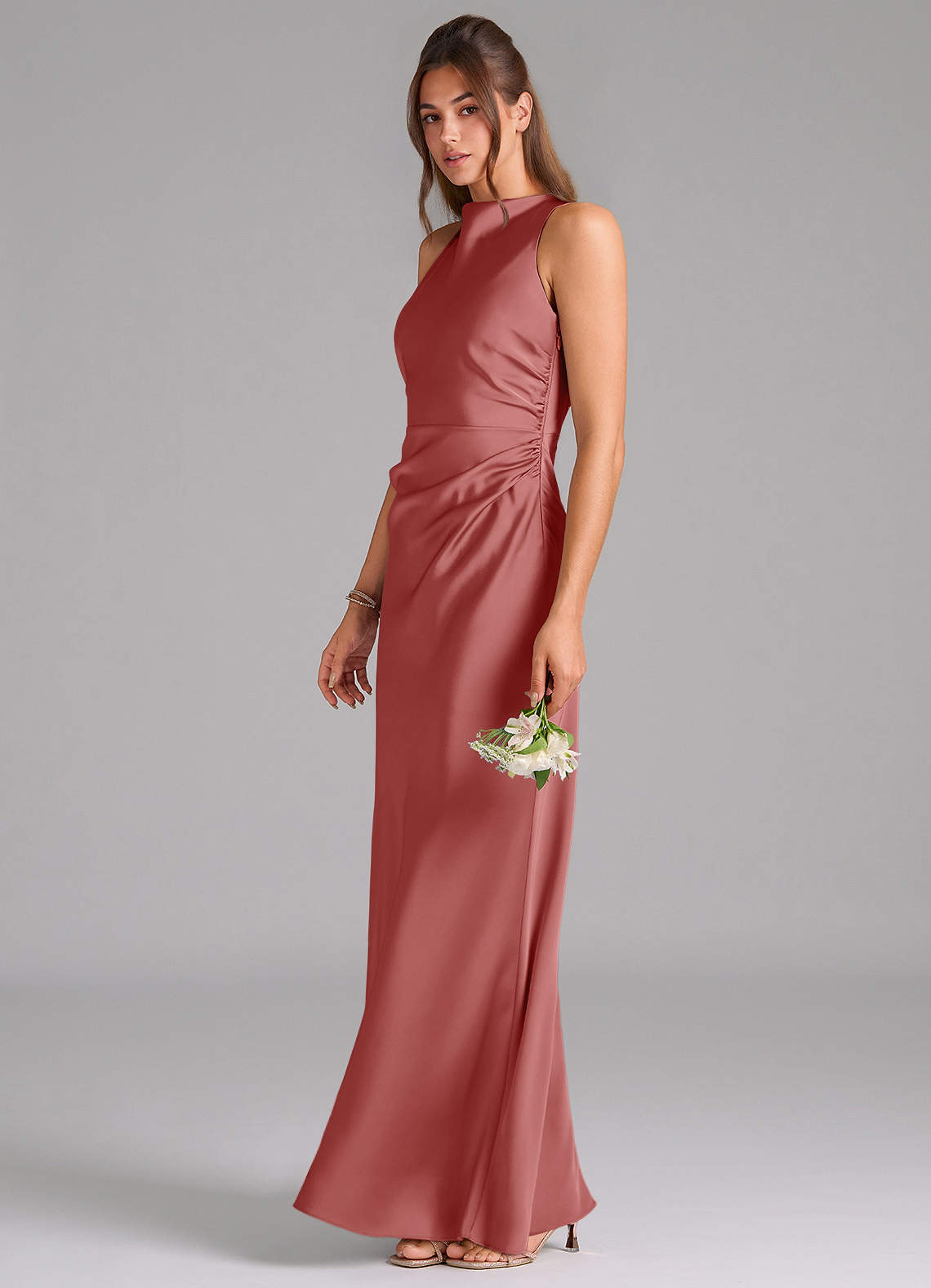 Evadne Sheath Scoop-Neck Stretch Satin Bridesmaid Dress in Antique Rose