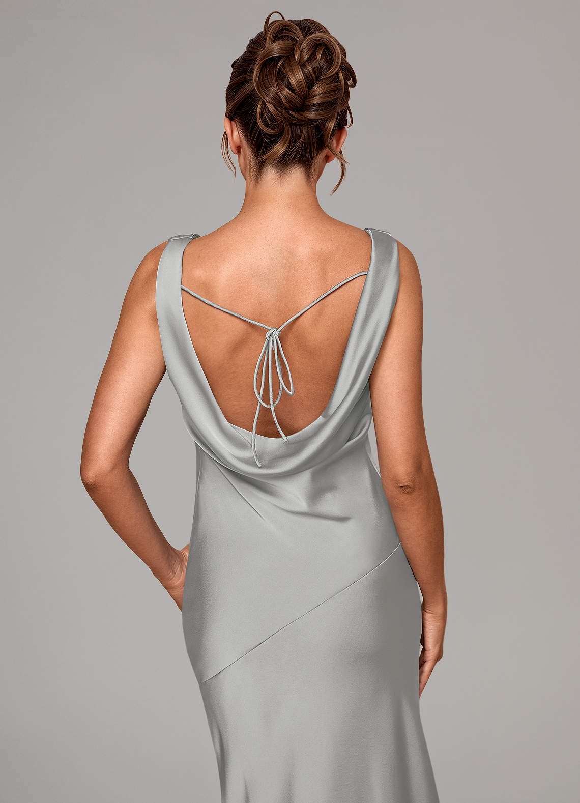 Rylina Mermaid Cowl-Neck Stretch Satin Bridesmaid Dress in Silver