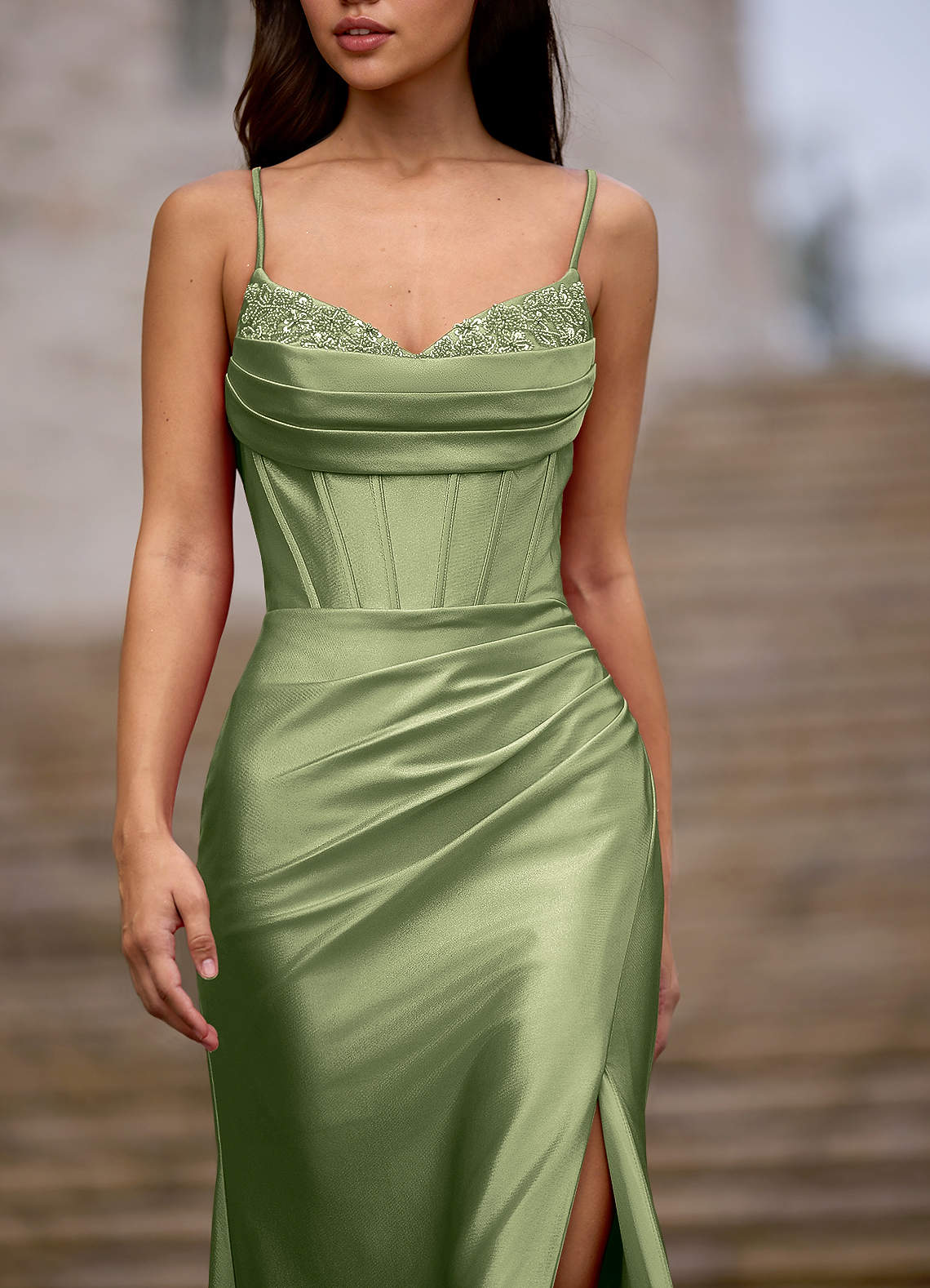 Glow Strapless Corset Slit Stretch Satin Evening Dress in Pistachio