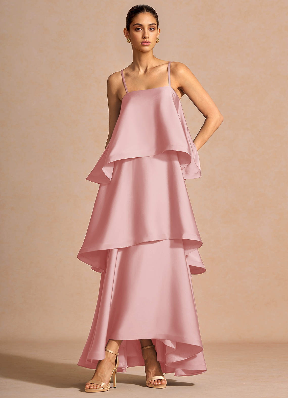 Itasca A-Line Tiered Stretch Satin Wedding Guest Dress in Lemon Green