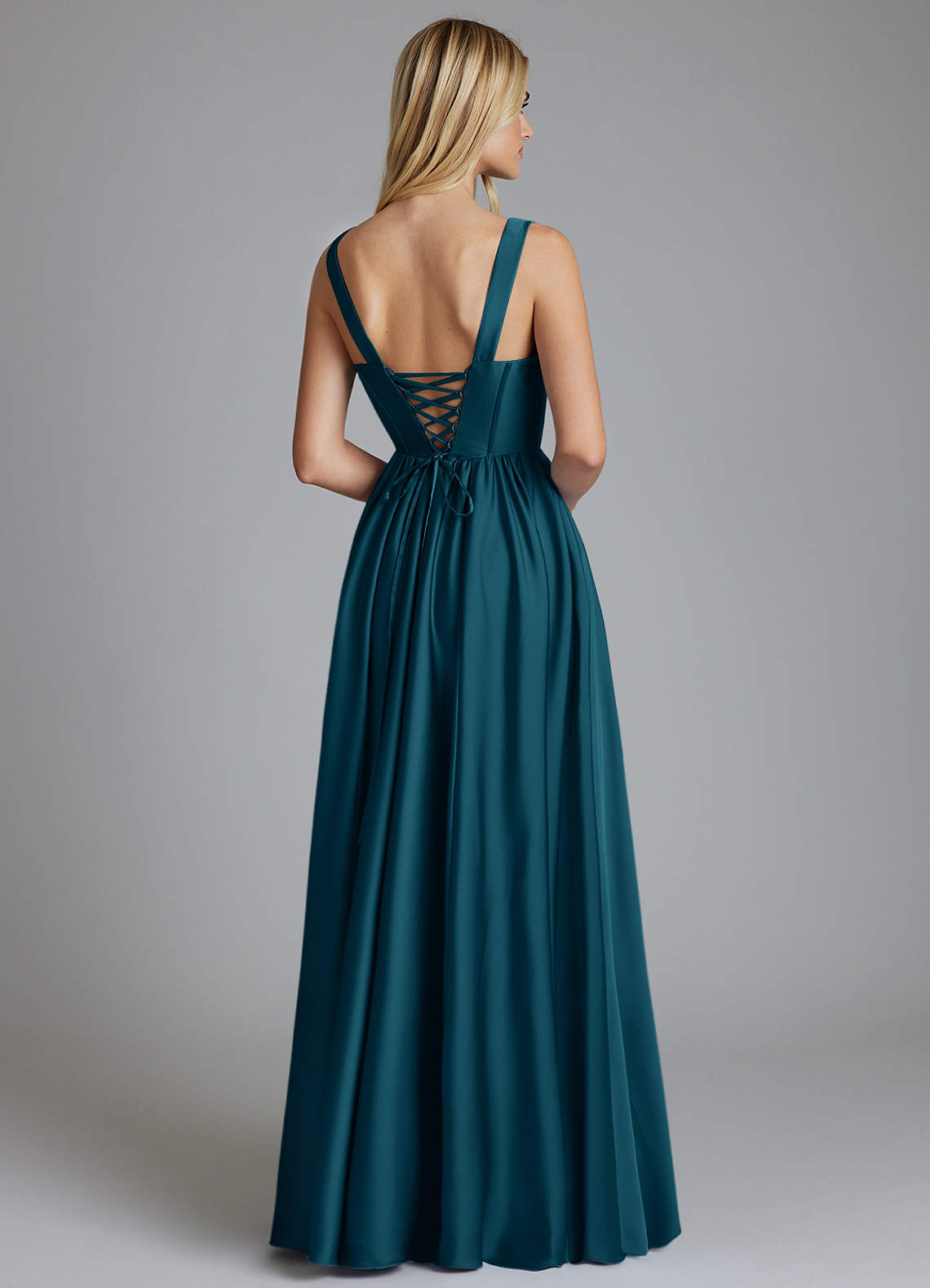 Delmie A-Line V-Neck Stretch Satin Bridesmaid Dress in Ink Blue