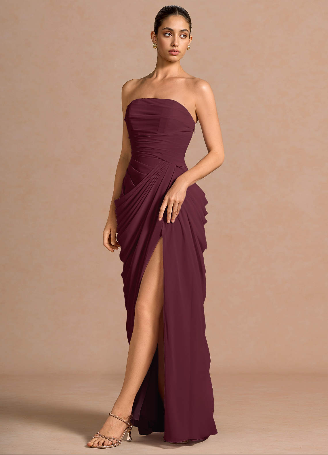 Kaavia Column Pleated Chiffon Maxi Evening Dress in Wine