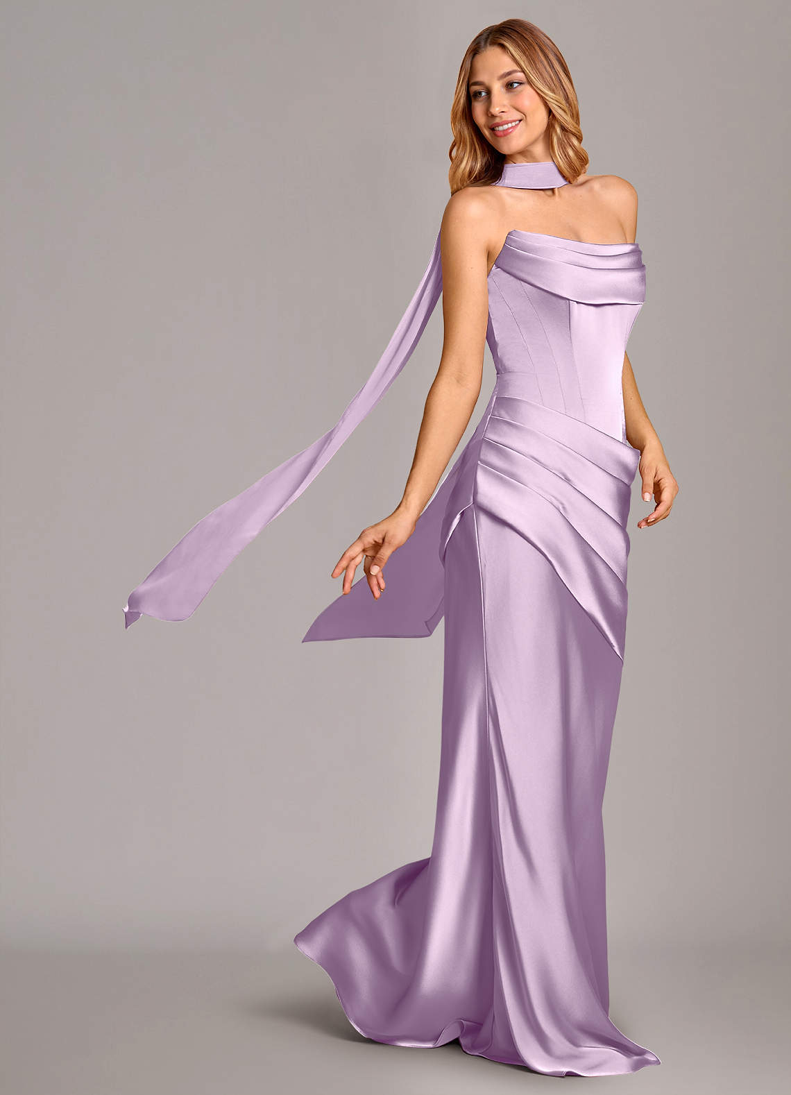 Pelagia Mermaid Cowl-Neck Stretch Satin Bridesmaid Dress in Frosted Lilac