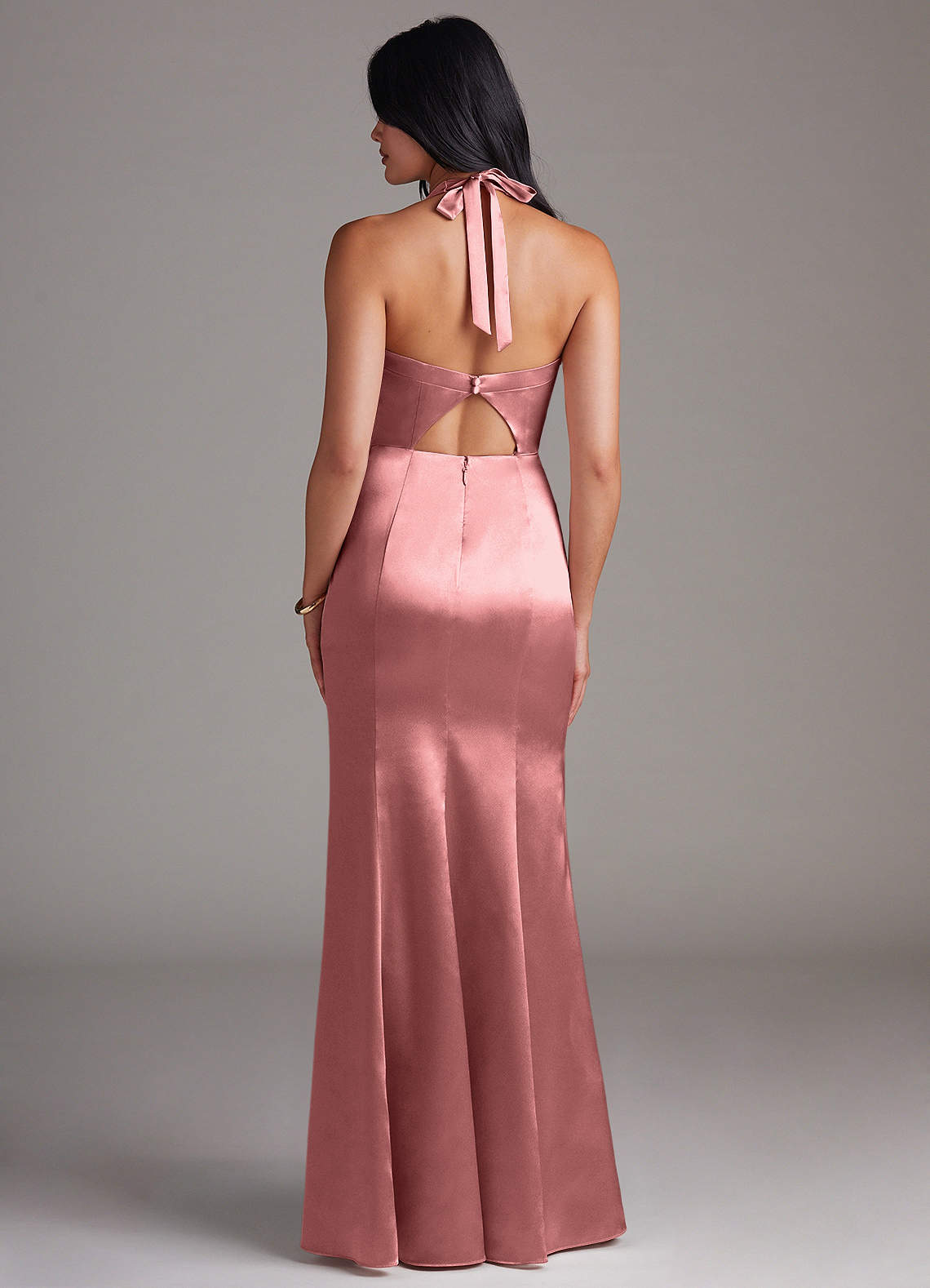Emeria Sheath Halter Metallic Satin Bridesmaid Dress in Rosette