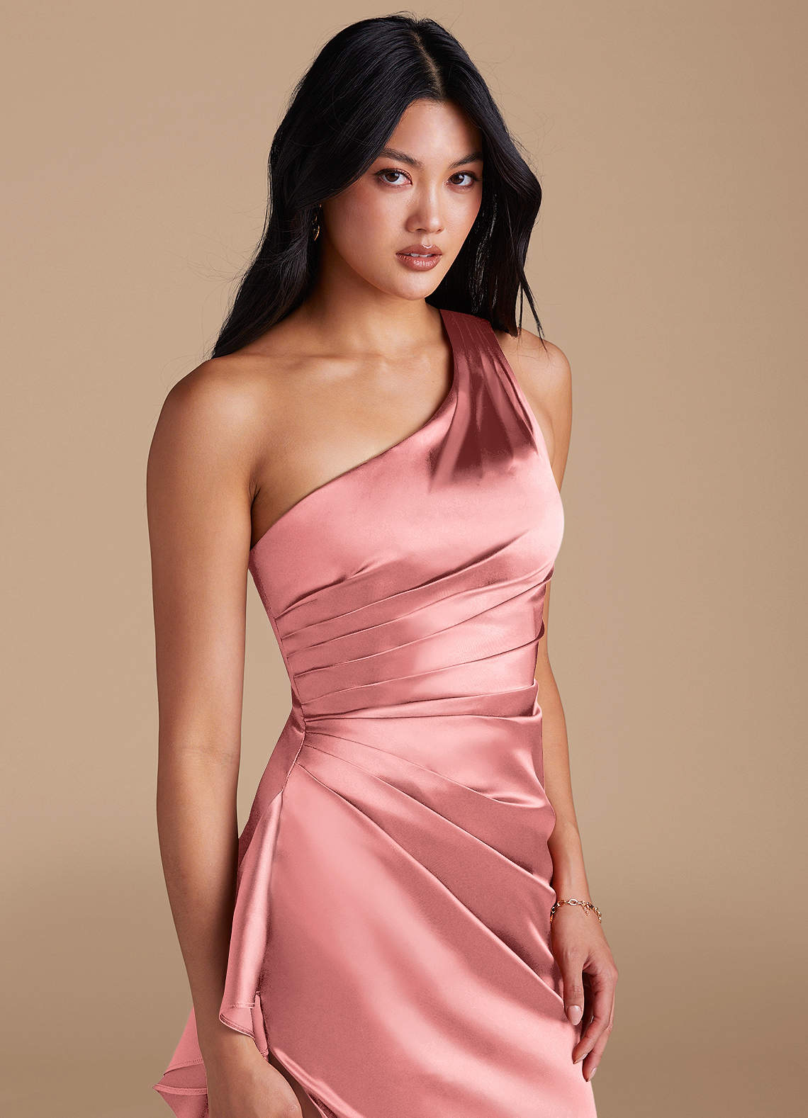 Latrice Sheath One-Shoulder Metallic Satin Bridesmaid Dress in Rosette