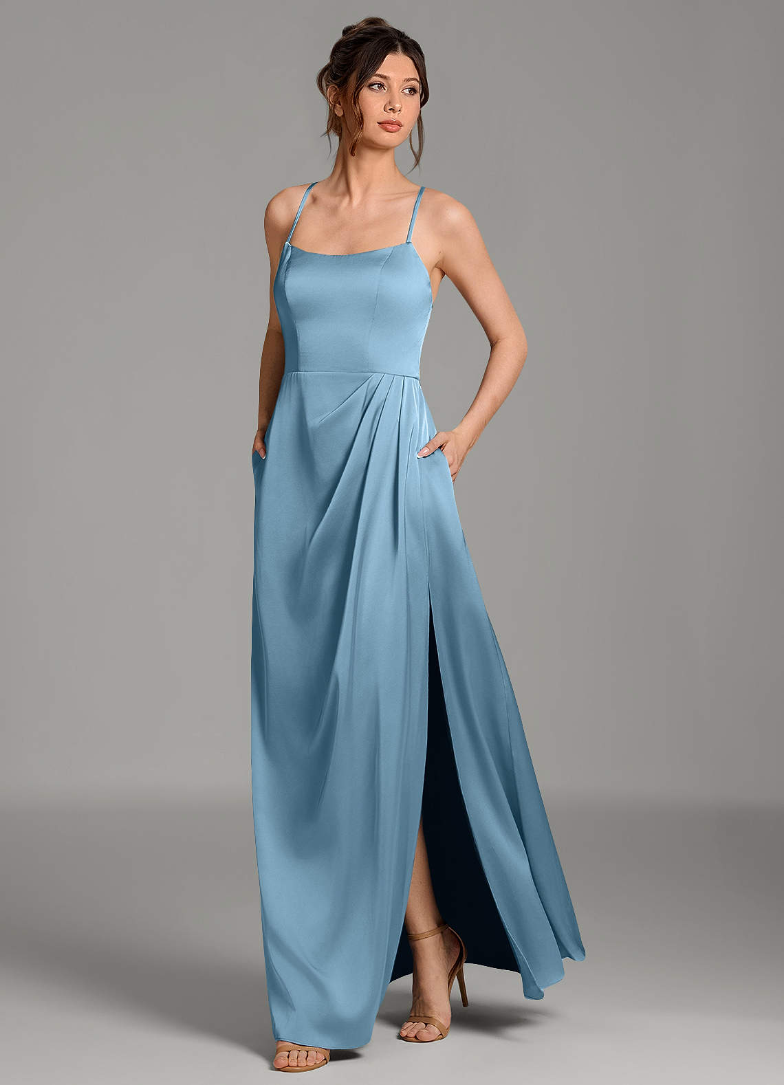 Frankie A-Line Scoop-Neck Stretch Satin Bridesmaid Dress in Steel Blue
