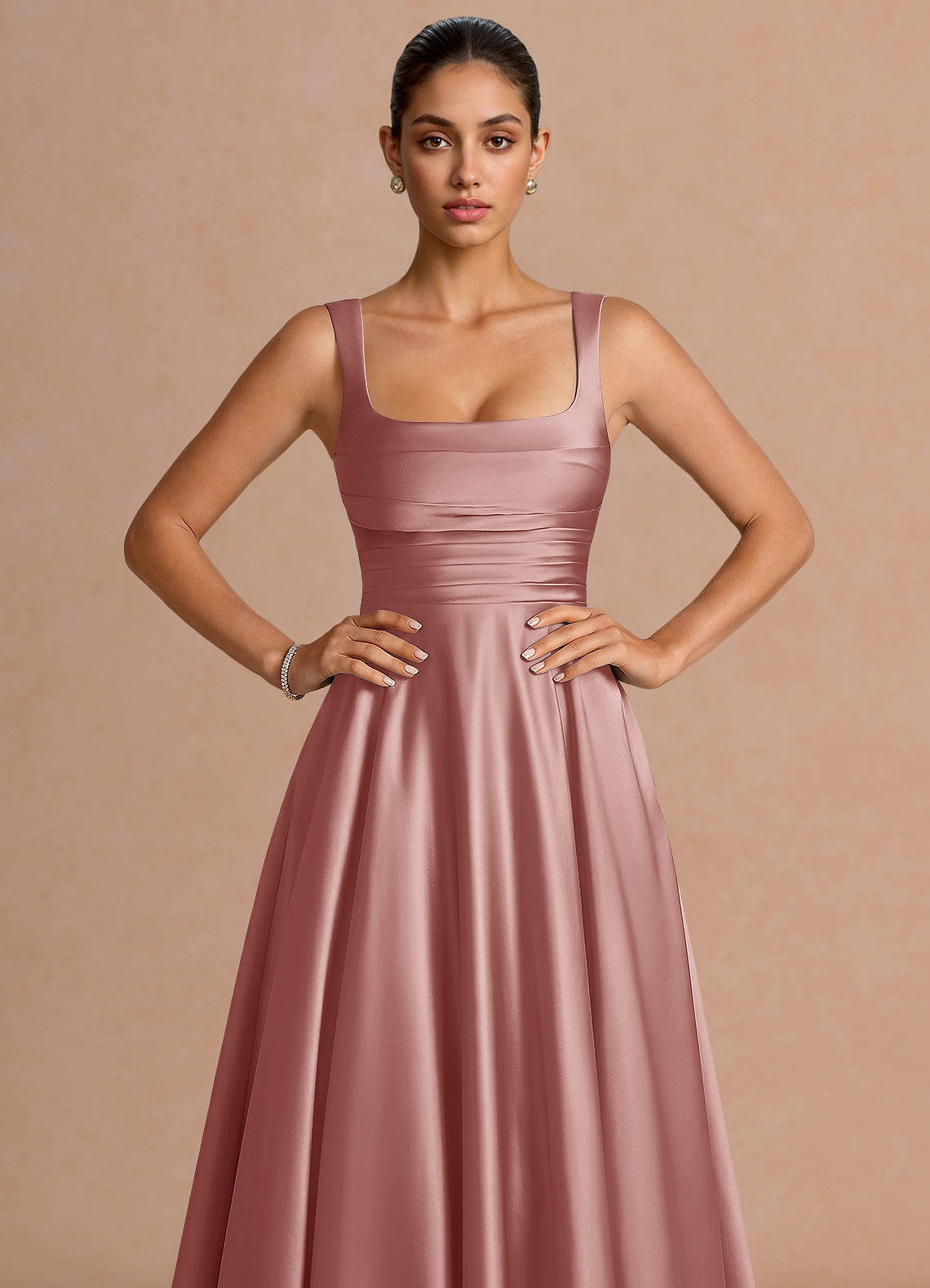 Azaria A-Line Square-Neck Stretch Satin Wedding Guest Dress in Dusty Pink
