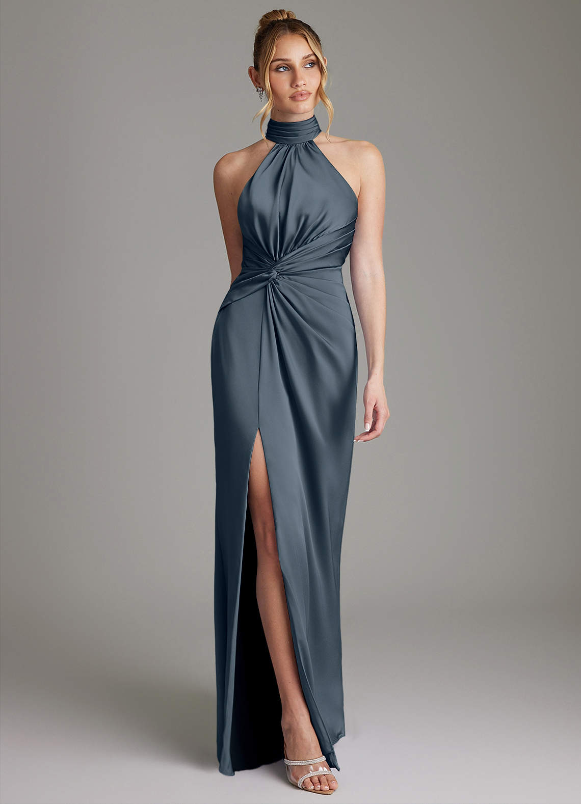 Gracelynn Sheath Halter Stretch Satin Bridesmaid Dress in Twilight