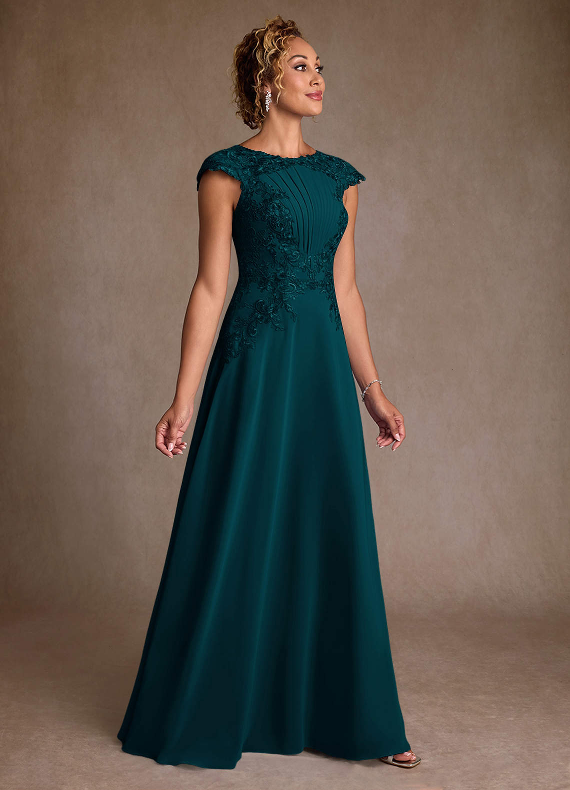 Christi A-Line Scoop-Neck Chiffon and Lace Mother of the Bride Dress in Pine