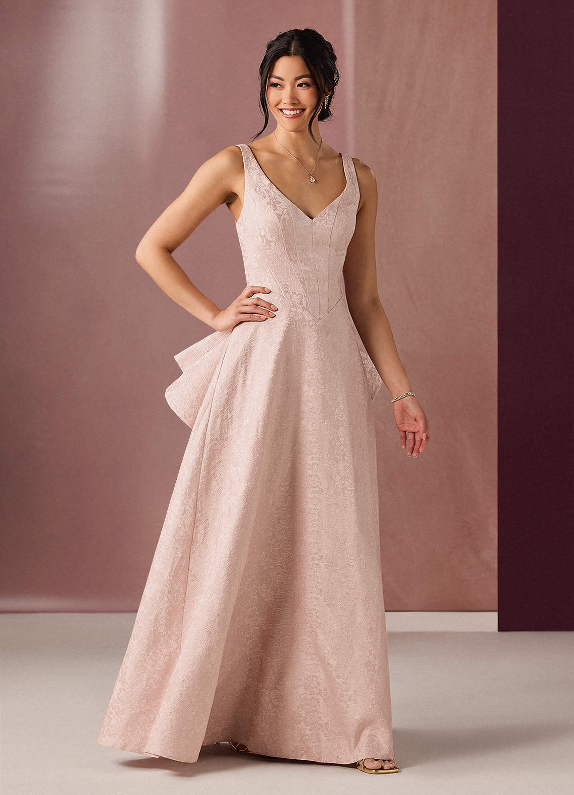 Satine Ball Gown V-Neck Jacquard Evening Dress in Blush Pink