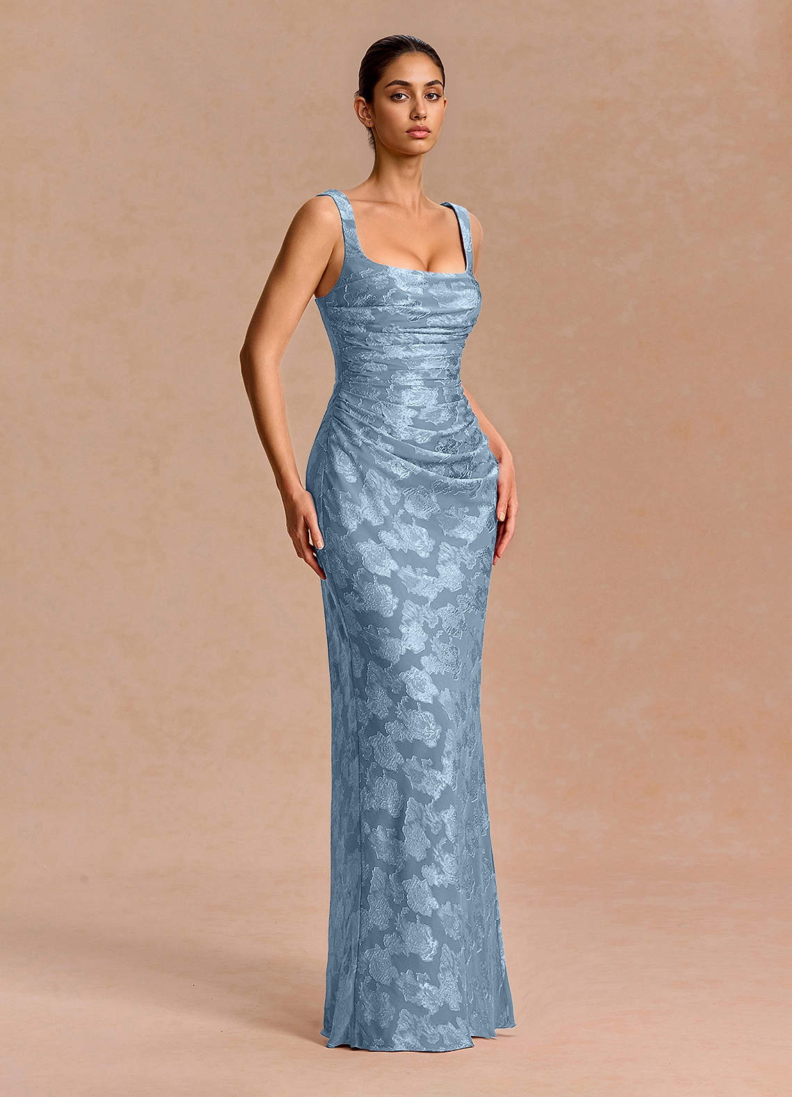 Agustina Square-Neck Pleated Fil Coupé Evening Dress in Dusty Blue