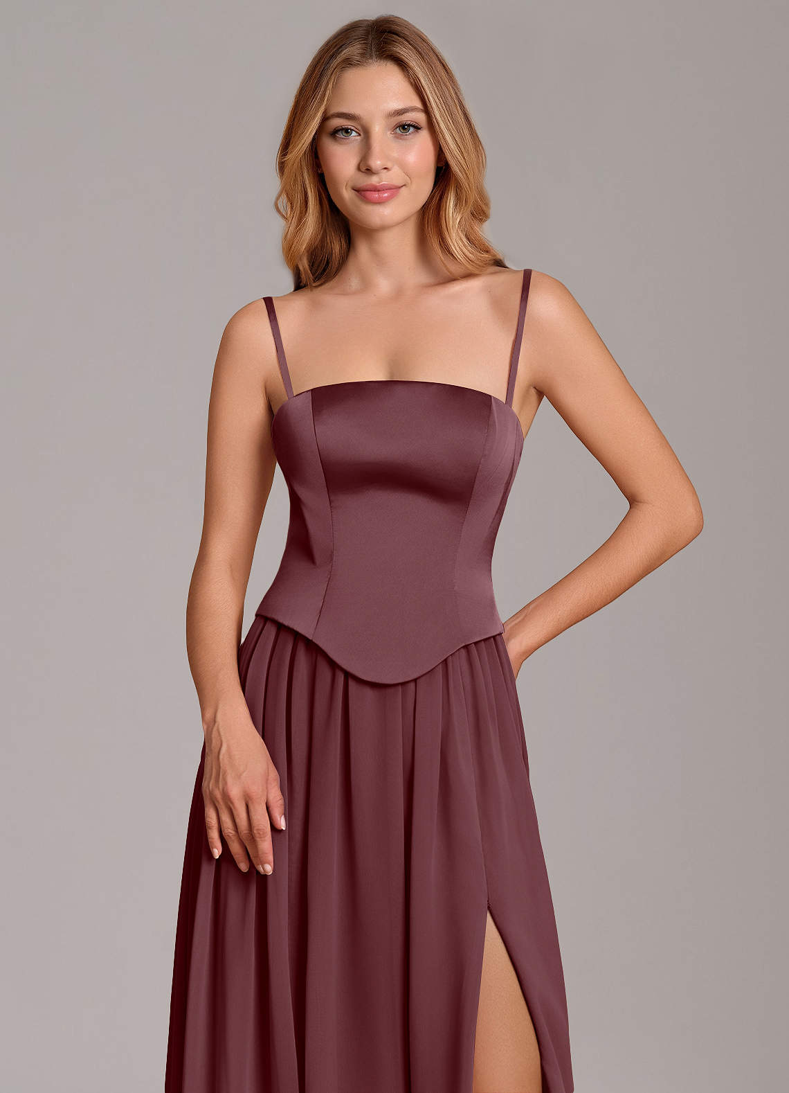 Cadence A-Line Strapless Chiffon and Stretch Satin Bridesmaid Dress in Sangria