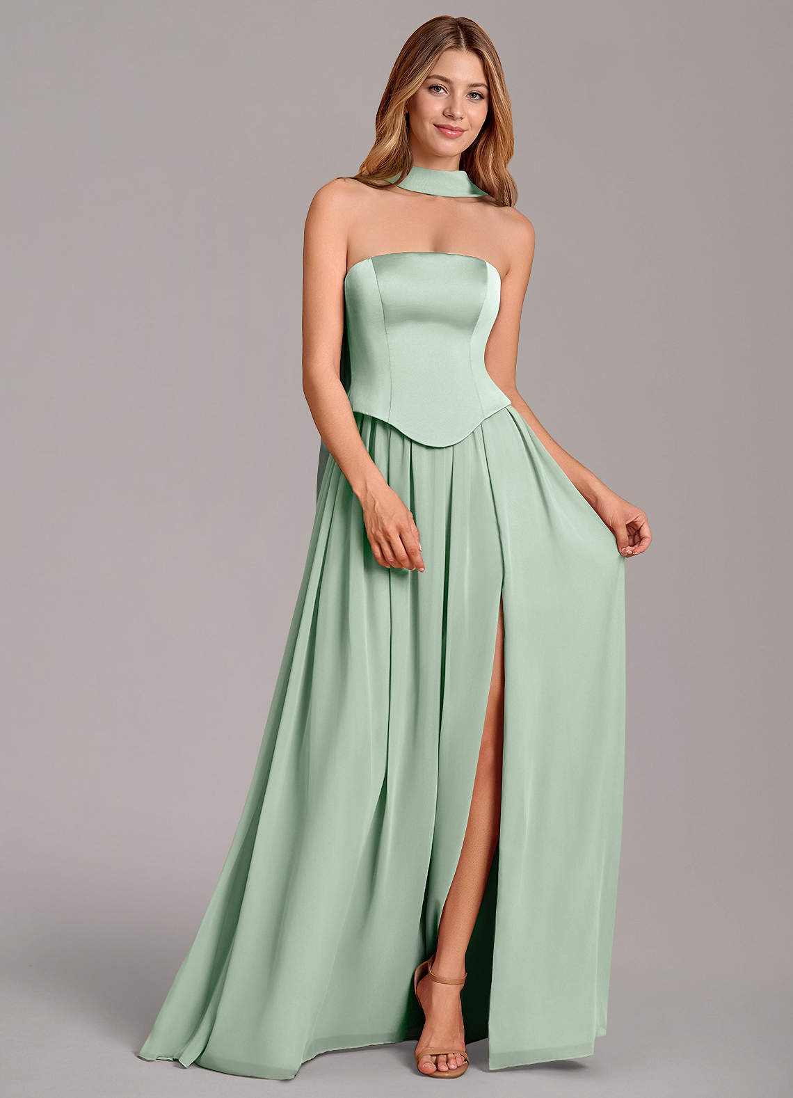 Cadence A-Line Strapless Chiffon and Stretch Satin Bridesmaid Dress in Agave