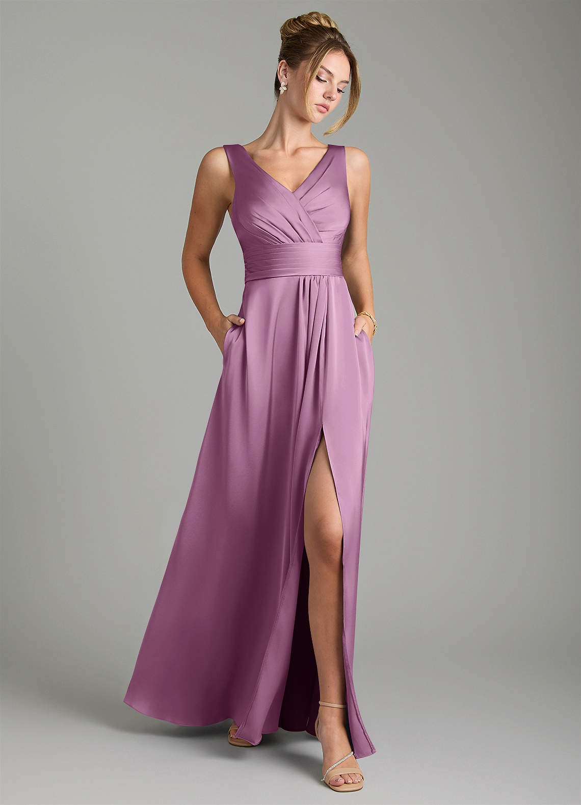 Karina A-Line V-Neck Stretch Satin Bridesmaid Dress in Wisteria