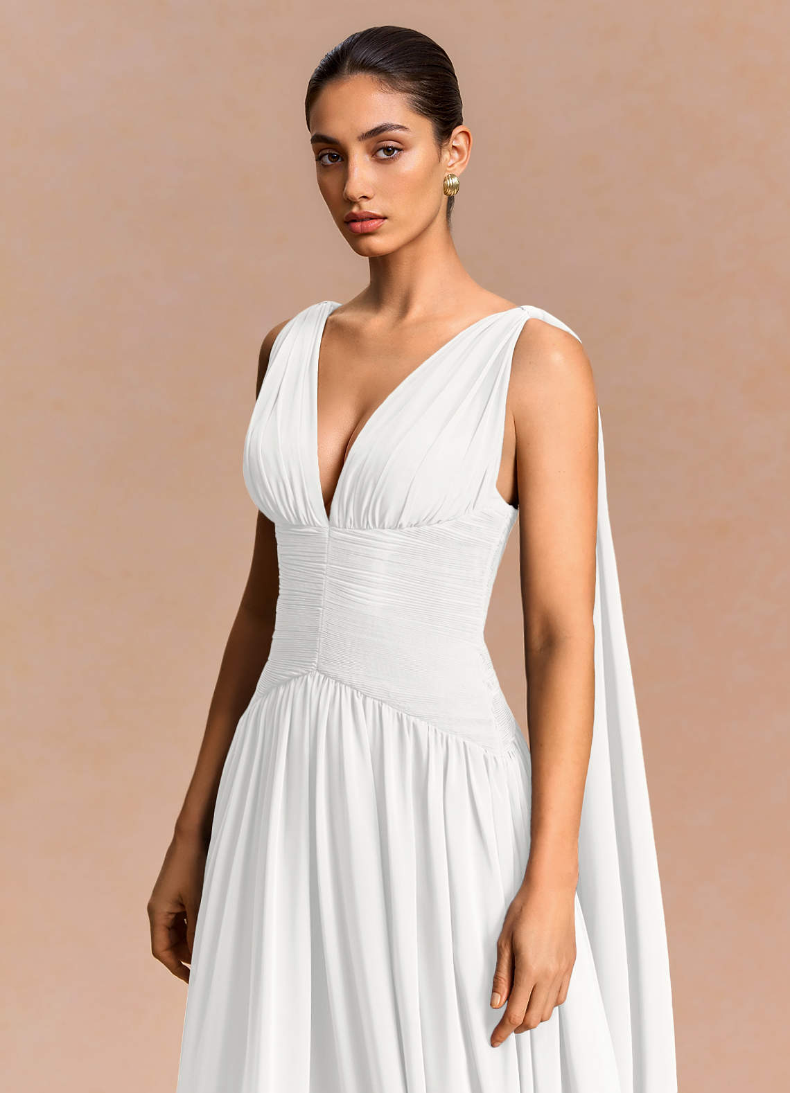 Eluney A-Line V-Neck Chiffon Evening Dress in White