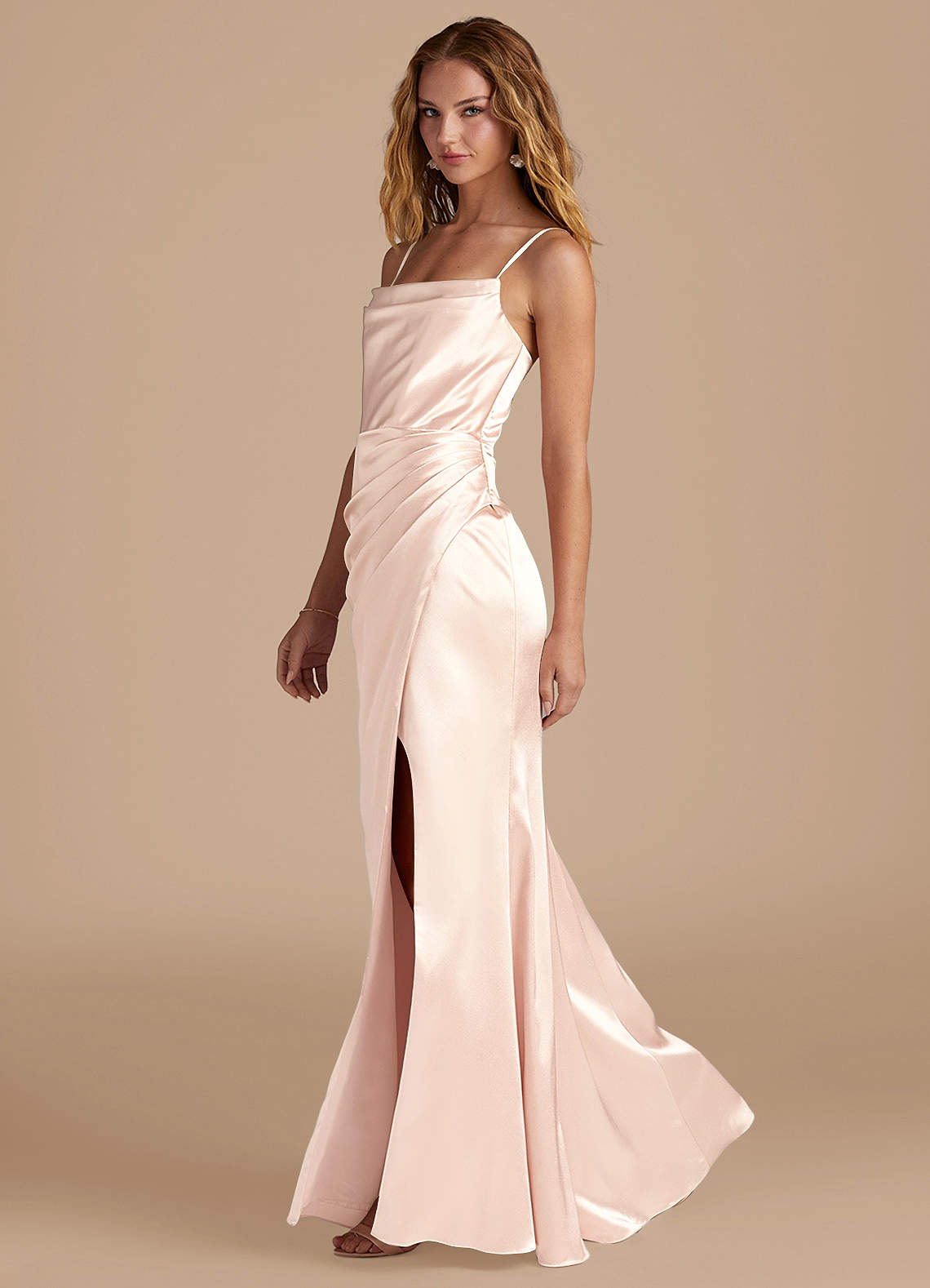Marzia Mermaid Square-Neck Metallic Satin Bridesmaid Dress in rose gold