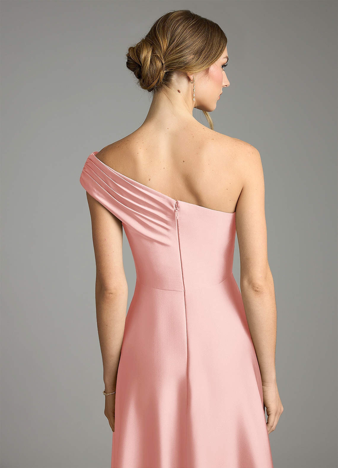 Melanie A-Line One-Shoulder Stretch Satin Bridesmaid Dress in Powder Pink