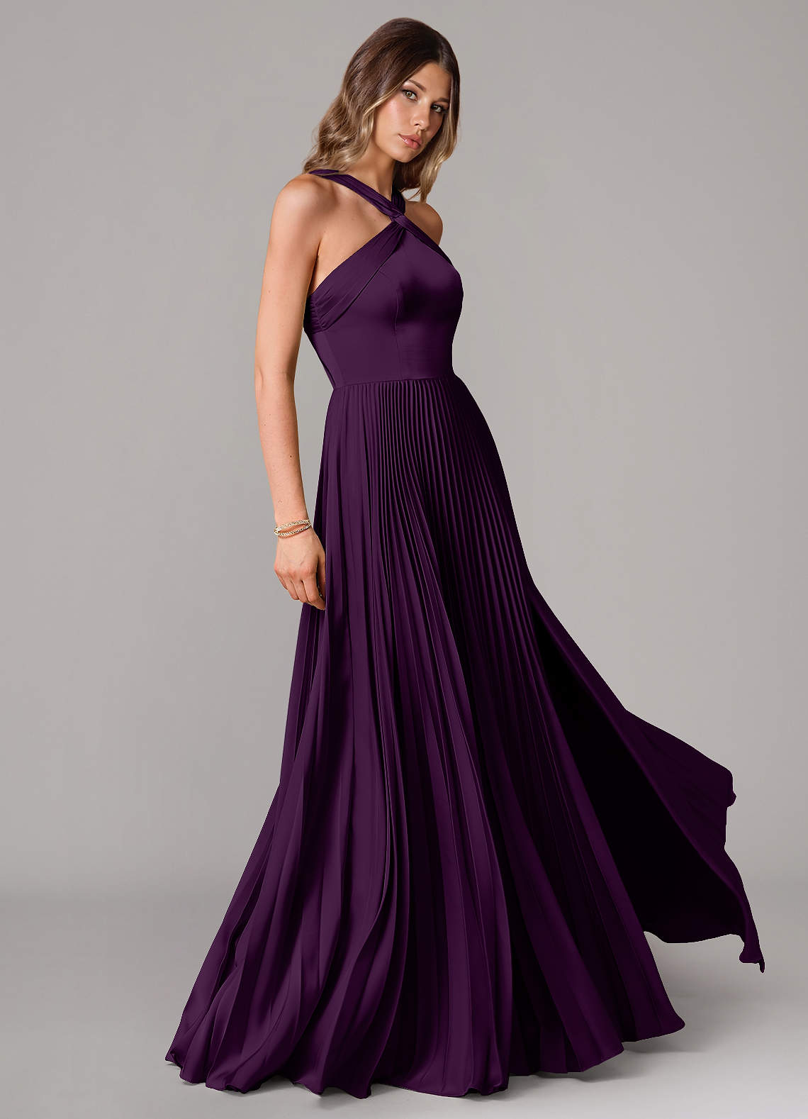 Afra A-Line Halter-Neck Stretch Satin Bridesmaid Dress in Grape