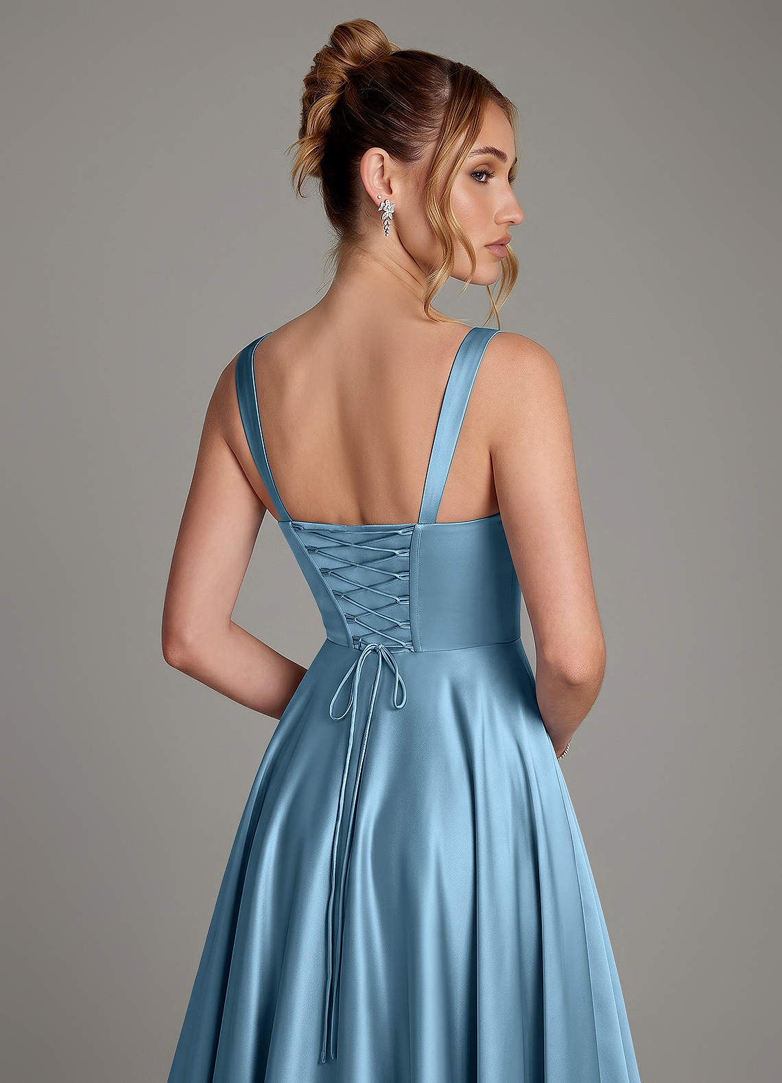 Azaria A-Line Square-Neck Stretch Satin Bridesmaid Dress in Steel Blue