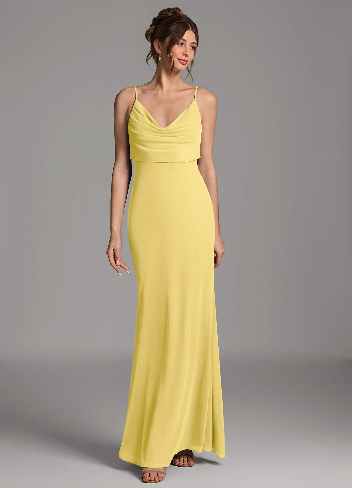 Zari Mermaid Cowl-Neck Mesh Bridesmaid Dress in Canary