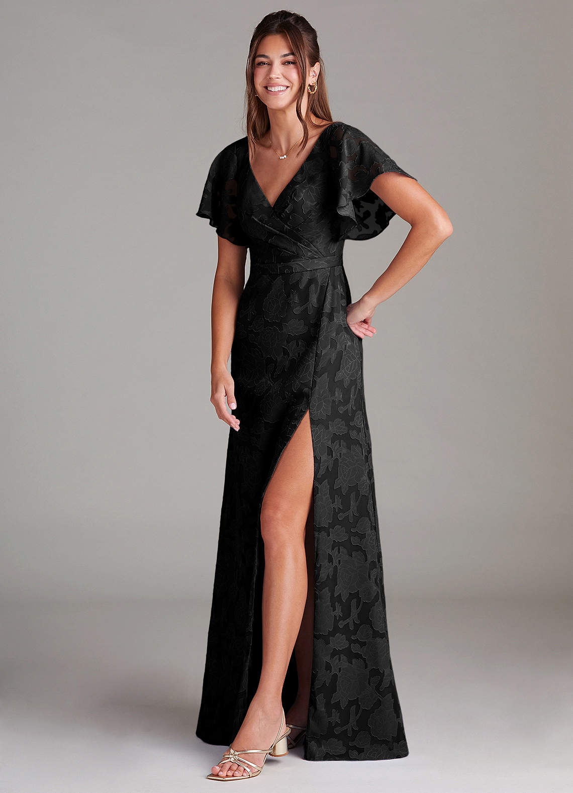 Ambrosia A-Line V-Neck Floral Burnout Bridesmaid Dress in black