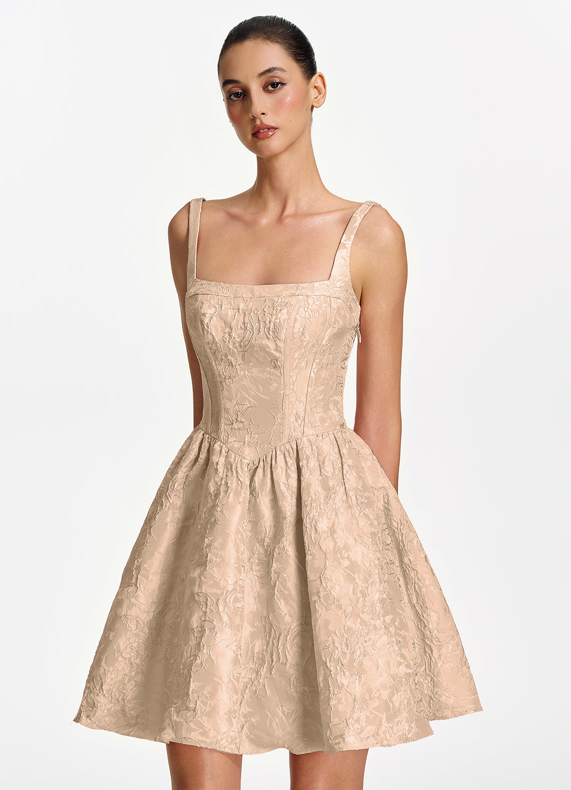 Lionelle Skater Mini Square-Neck Jacquard Prom Dress in Champagne