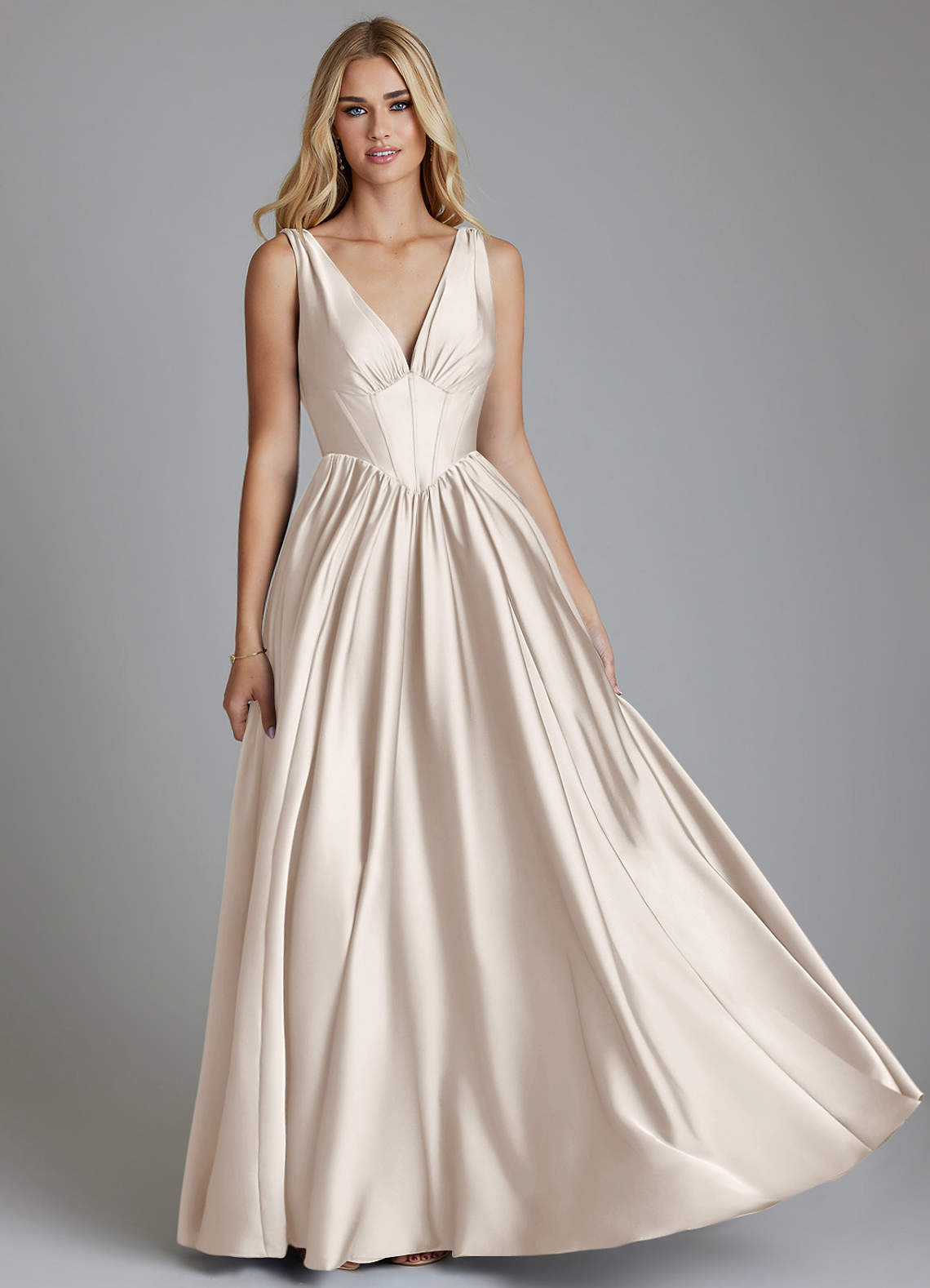 Delmie A-Line V-Neck Stretch Satin Bridesmaid Dress in White Alabaster